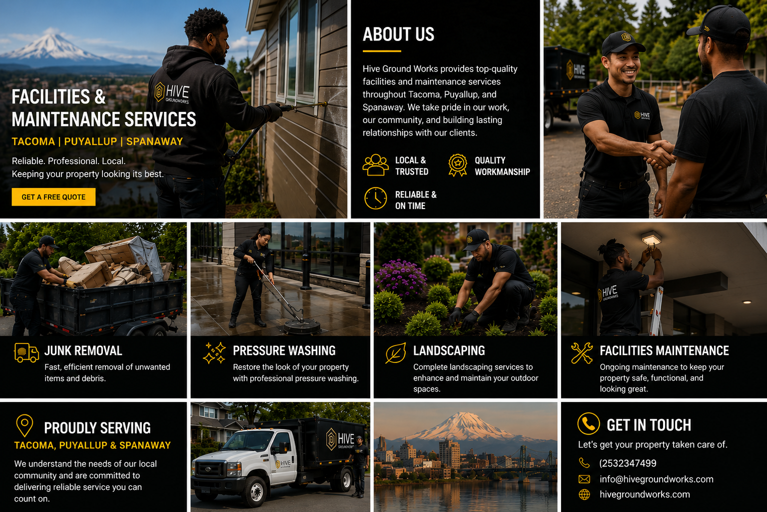 A collage of images showing workers performing various property maintenance tasks for Hive Ground Works, including window cleaning, lawn care, pressure washing, trimming bushes, junk removal, and light fixture maintenance, with a mountain and city skyline in the background.