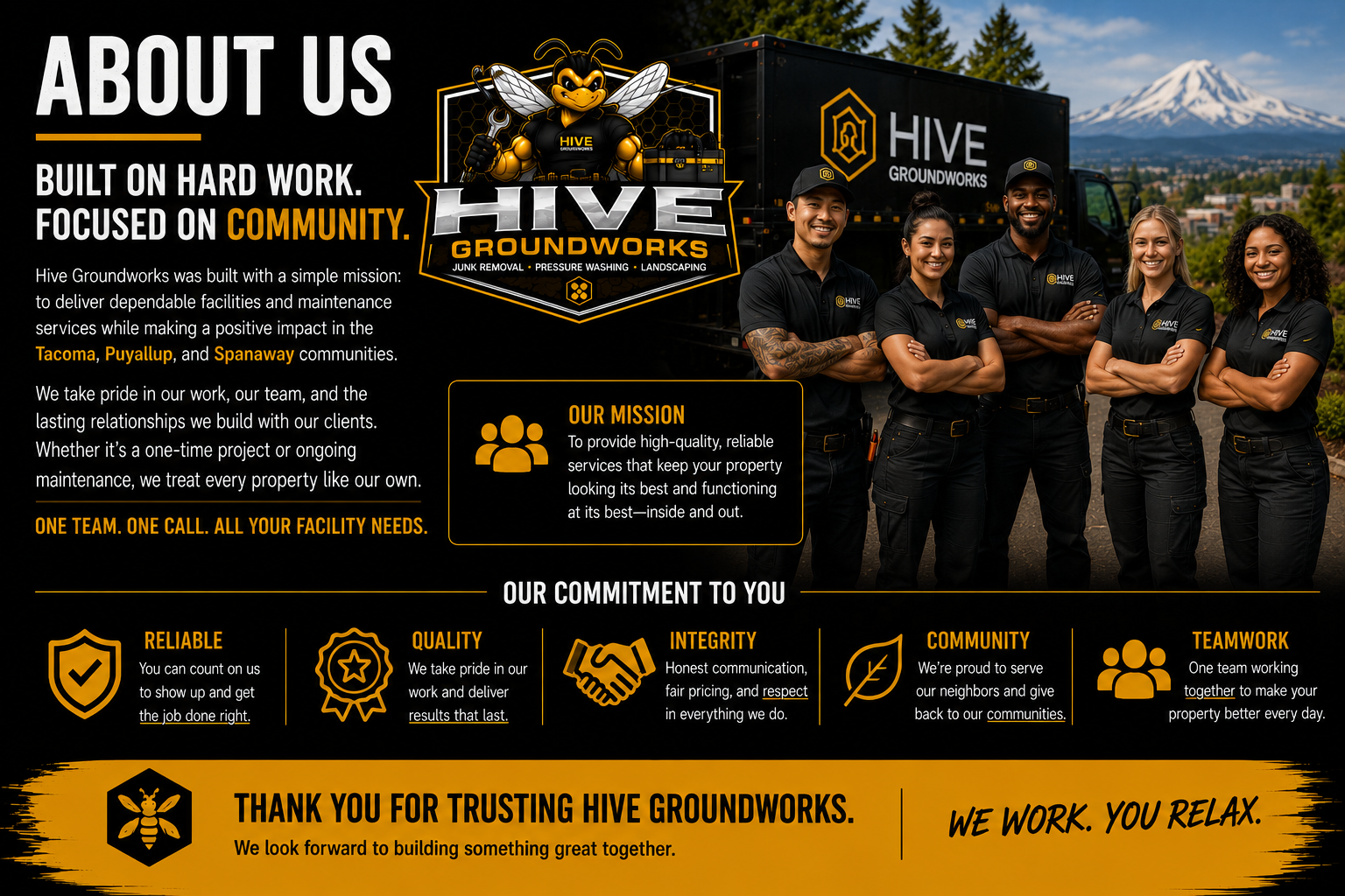 Hive Groundworks team members standing outdoors with mountain background, black and yellow company branding, showcasing their company mission and values.