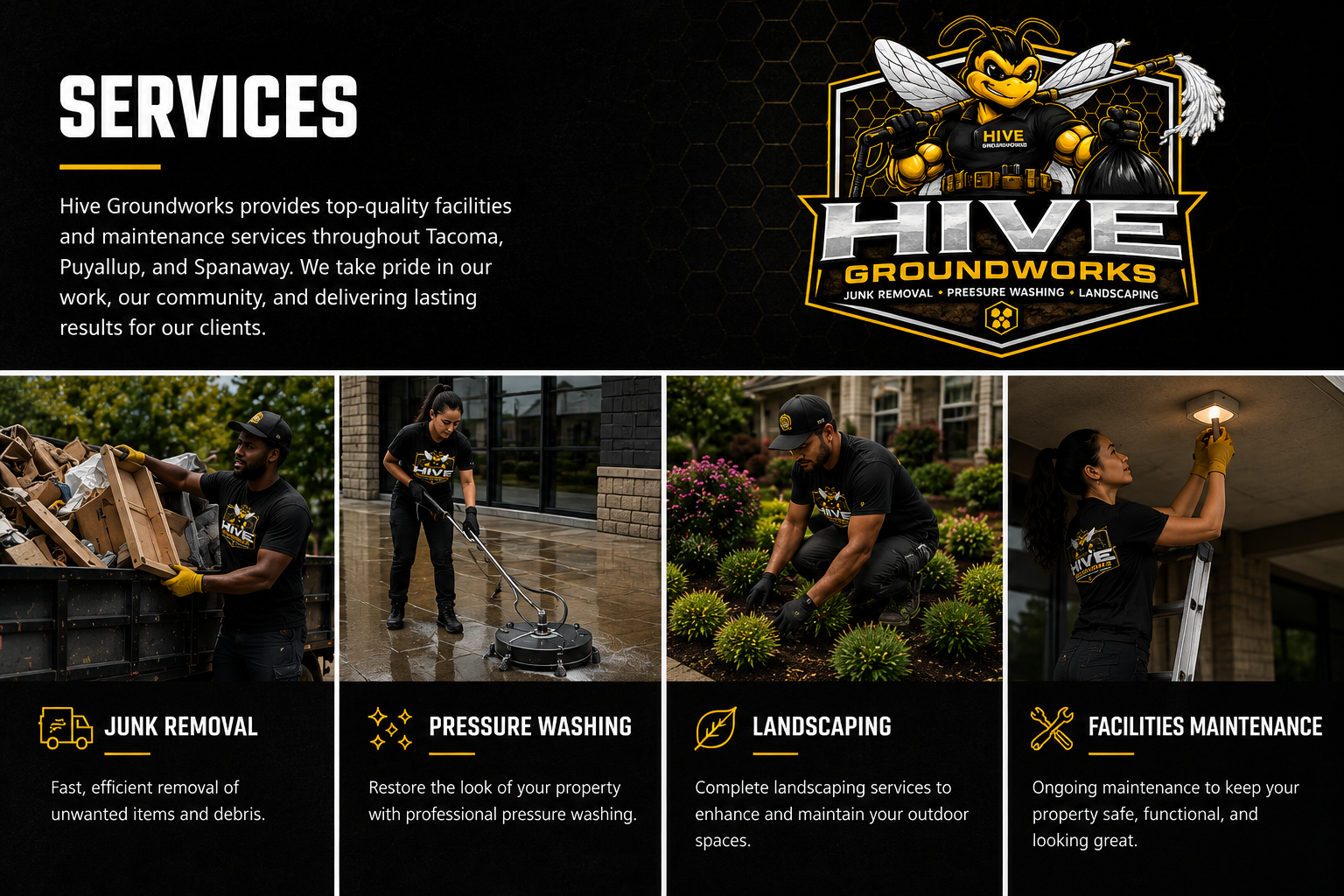 A promotional graphic for Hive Groundworks showcasing four services: junk removal, pressure washing, landscaping, and facilities maintenance. The top part features the company logo, which includes a muscular insect mascot holding a garbage bag and a rake, with the words 'Hive Groundworks' and service descriptions. The bottom part displays four images of workers performing each service with brief descriptions.
