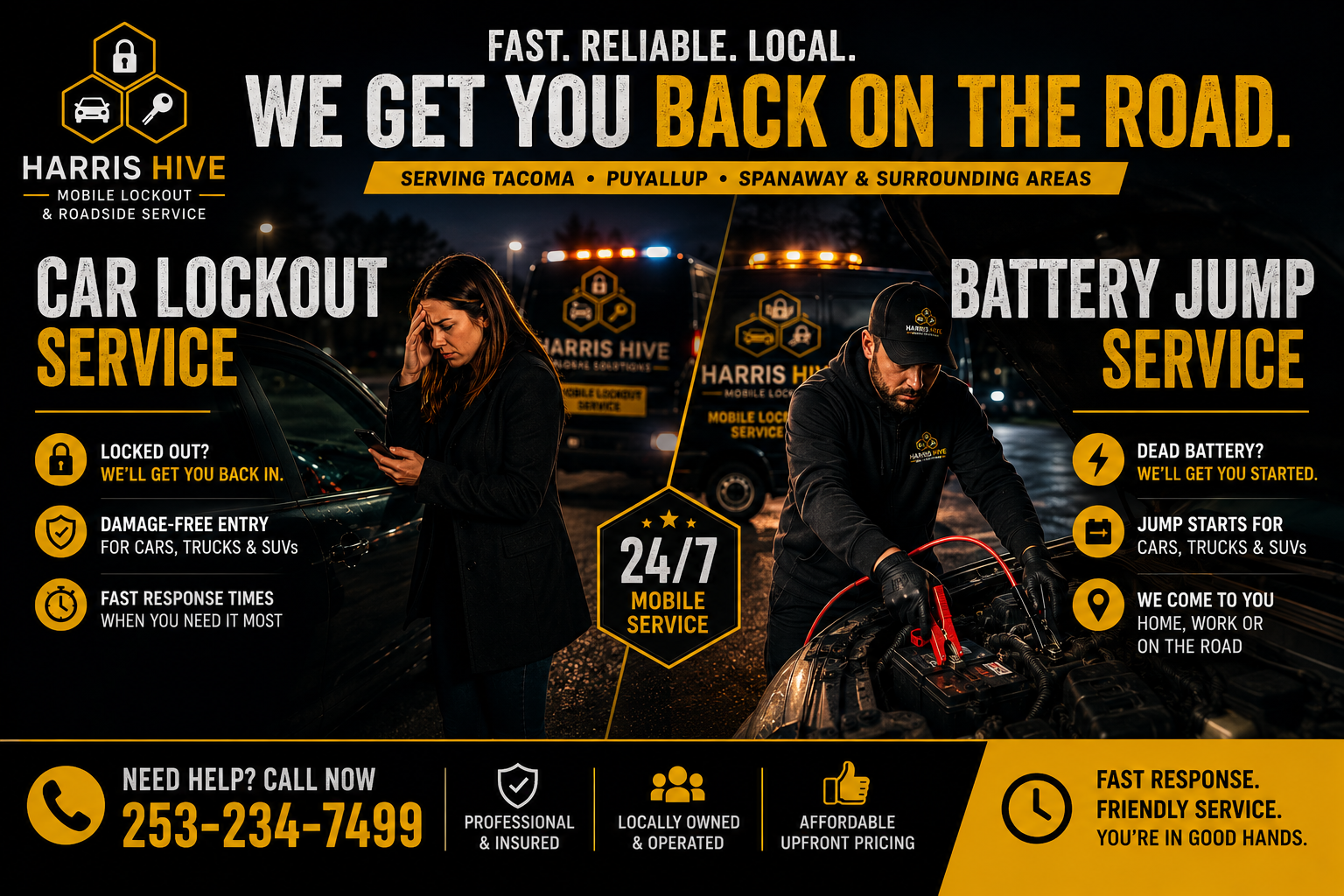 An advertisement for Harris Hive mobile locksmith & roadside service. Features a woman on her phone and a man working on a car engine at night, with service vans in the background. Highlights services like car lockout, battery jump, 24/7 mobile service, and a contact number.
