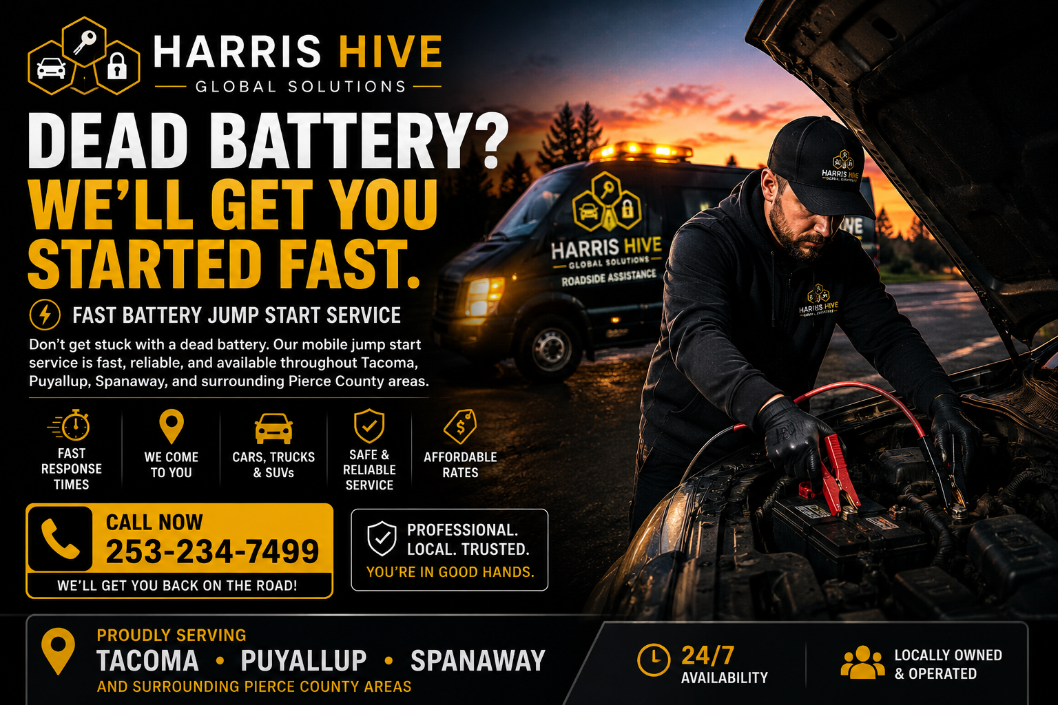 Harris Hive roadside assistance advertisement featuring a tow truck and a man fixing a car engine at sunset. Text highlights dead battery jump start service, contact number, and service areas in Tacoma, Puyallup, Spanaway, and Pierce County.