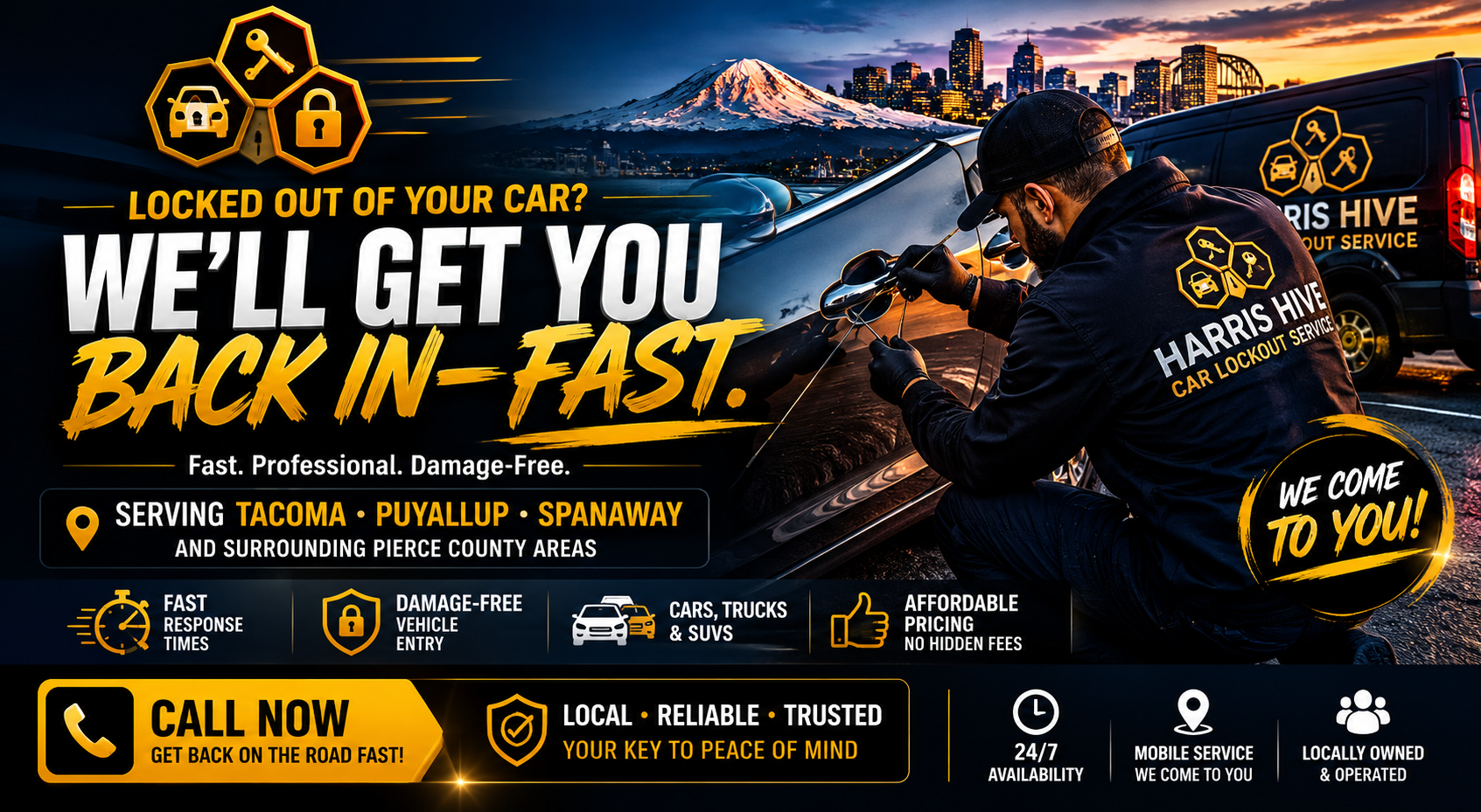 A promotional graphic for Harris Hive Car Lockout Service featuring an image of a technician working on a car with a city skyline and Mount Rainier in the background. The text highlights fast response times, damage-free vehicle entry, and service in Tacoma, Puyallup, Spanaway, and Pierce County areas. Icons represent key service features such as 24/7 availability, mobile service, and trusted local operation.