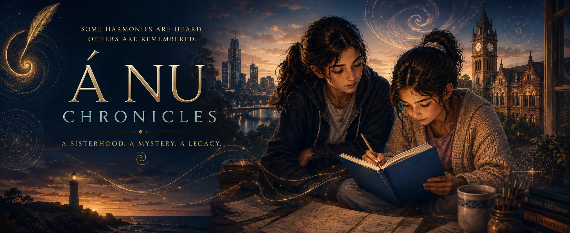 Two sisters sit on the bad, writing in a blue notebook in front of a city skyline at sunset. The background features a lighthouse, a church, and swirling star motifs, with a quote about harmony, legacy and remembering.