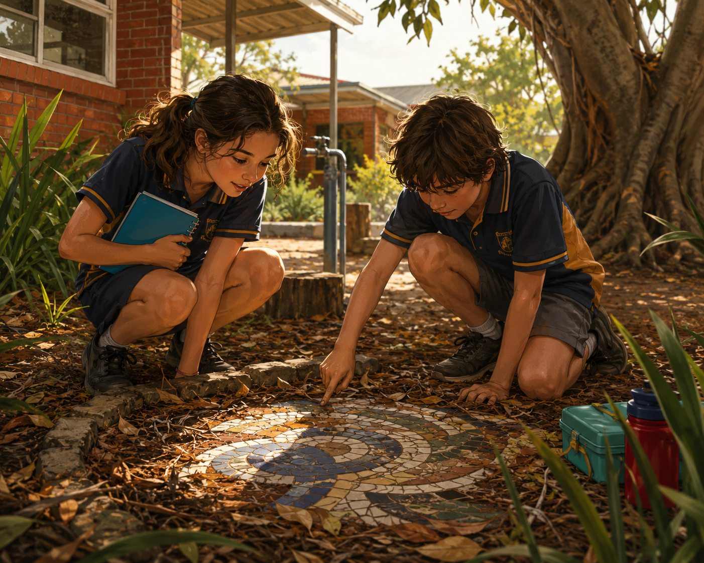 A girl and a boy in school uniforms squatting outdoors near a tree, pointing at a mosaic design on the ground surrounded by fallen leaves, with school buildings in the background.