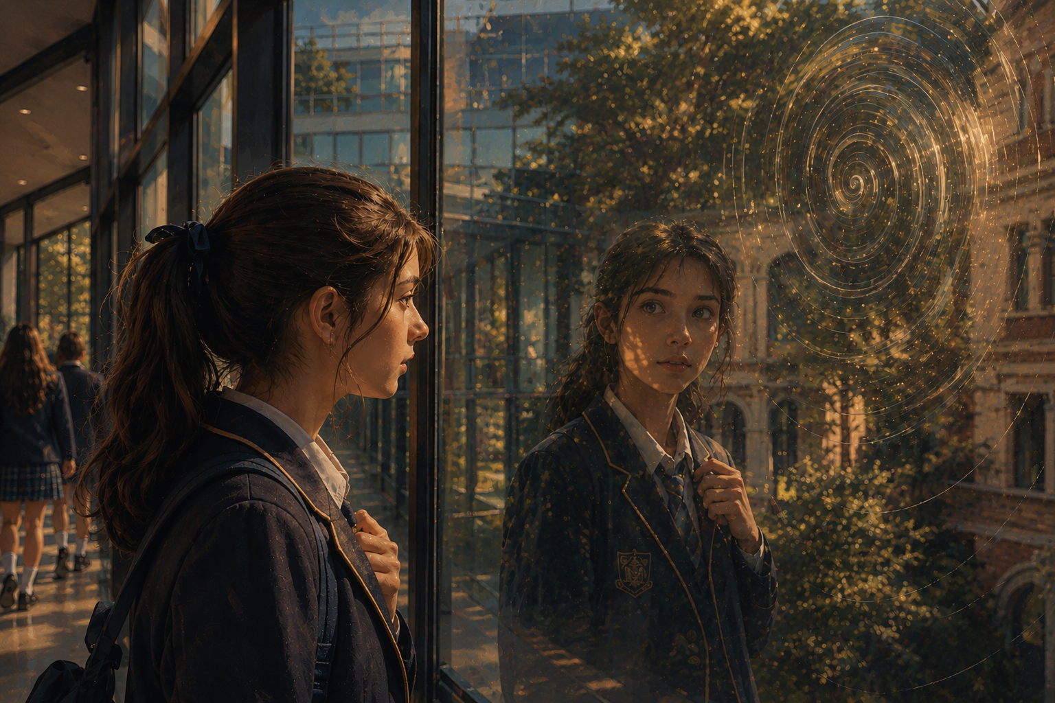 One teenage girls in school uniforms looking at a spiral pattern reflections on a rain-streaked glass window, while her own reflection is looking back at her. The scene is set outdoors at school campus, with other students walking in the background.