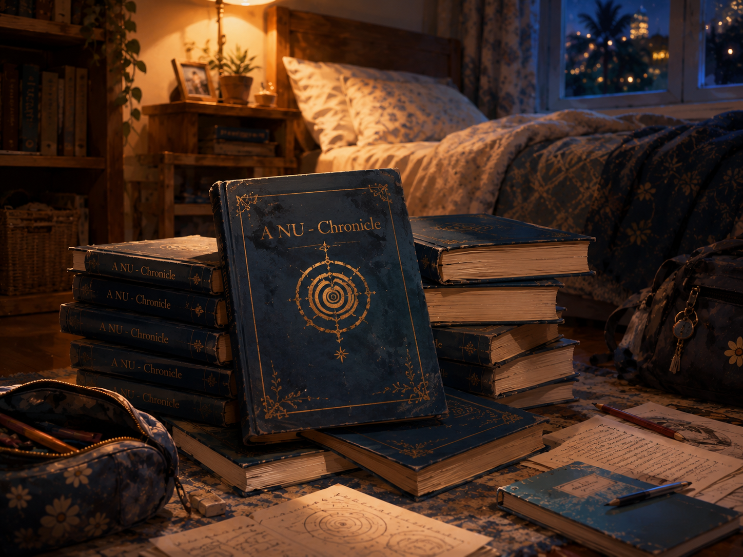 A bedroom with books titled 'A NU - Chronicle' on a table, papers, pens, and a backpack, with a bed, pillows, a window with curtains, and a nightstand with framed photos inside.