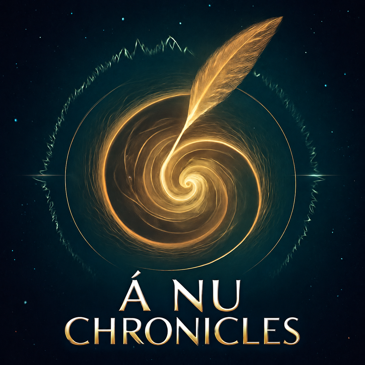 A spiral galaxy with a glowing golden center and a feather-like pen extending from it, set against a starry sky, with the text 'Á Nu Chronicles' at the bottom.