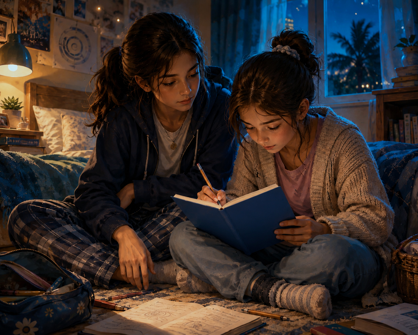 Two young girls sit on the floor of a cozy bedroom at dusk, writing together in an open notebook, surrounded by papers, pens, and a backpack, illuminated by warm indoor lighting and a view of palm trees outside the window.