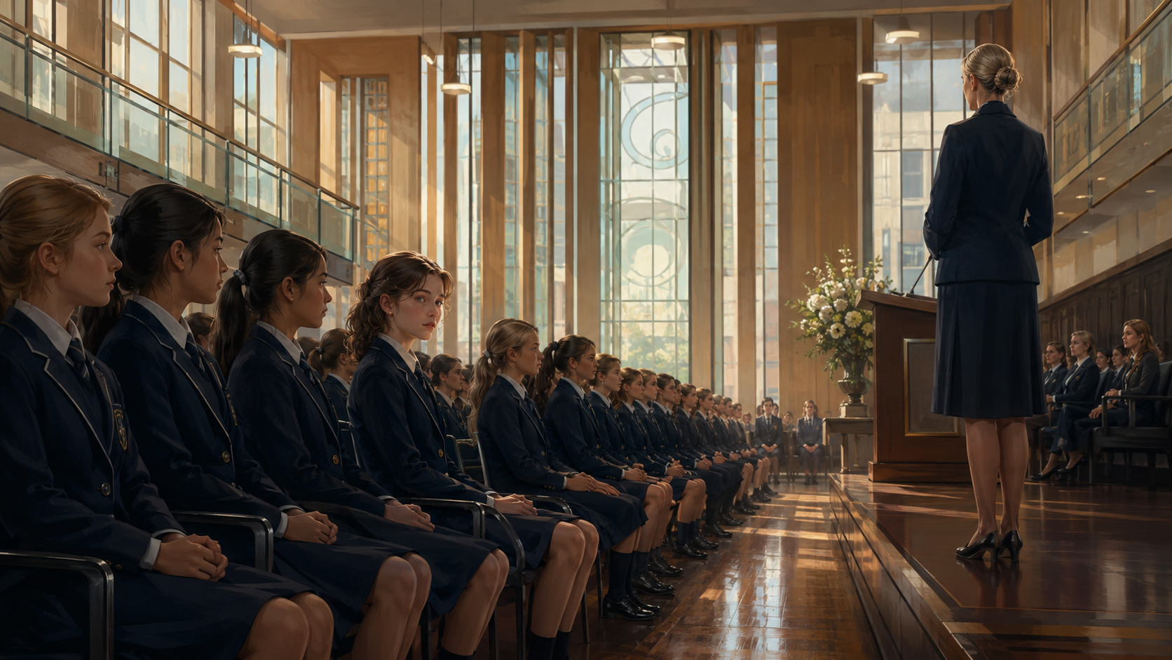 A woman in a dark suit stands at a podium addressing a large group of young women in matching navy high school uniforms seated in a spacious, sunlit hall with high glass windows and wooden decor.