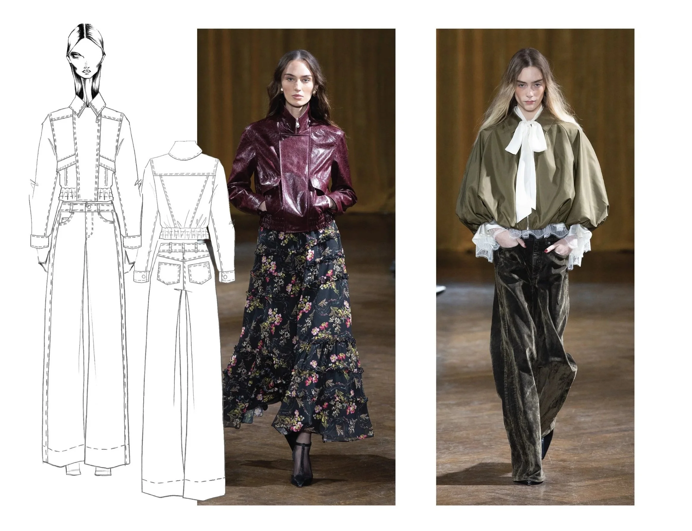 Fashion design sketches and two models walking the runway, showcasing jackets. The left model wears a burgundy, shiny, zip-up jacket with pockets and floral wide-leg pants. The right model wears an olive green, voluminous jacket with a bow tie at the neck, paired with dark wide-leg pants.