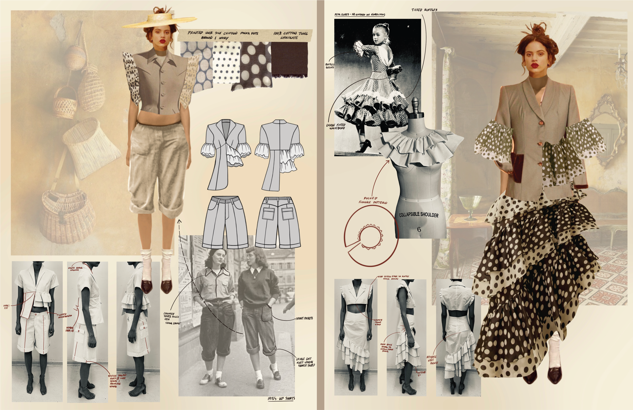 Collage showing fashion sketches, fabric samples, and vintage photographs of models wearing 1960s-style clothing, with text annotations and fabric swatches.