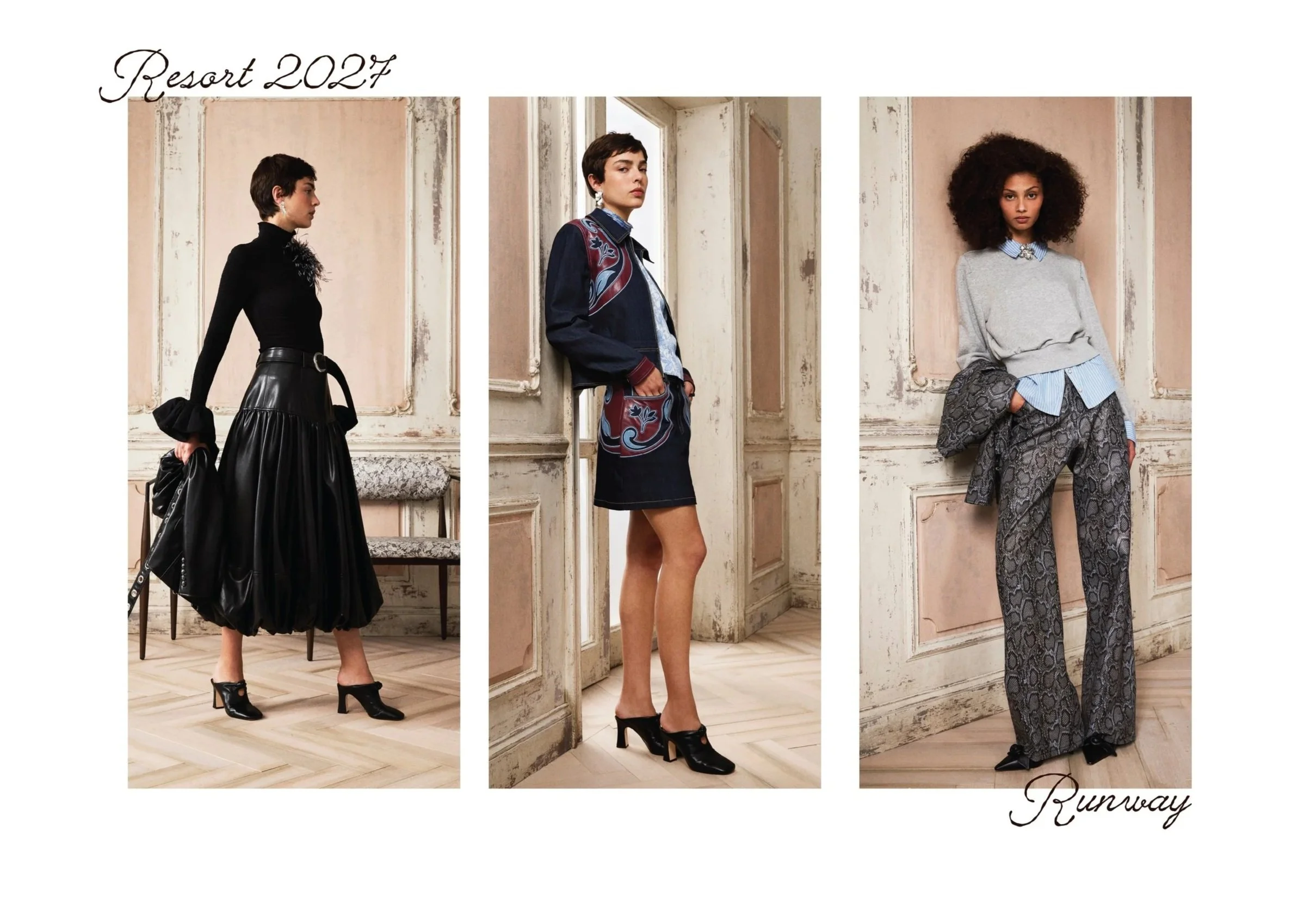 Three women standing indoors in vintage-style rooms, dressed in fashionable clothing, with the words "Resort 2027" at the top and "Runway" at the bottom.