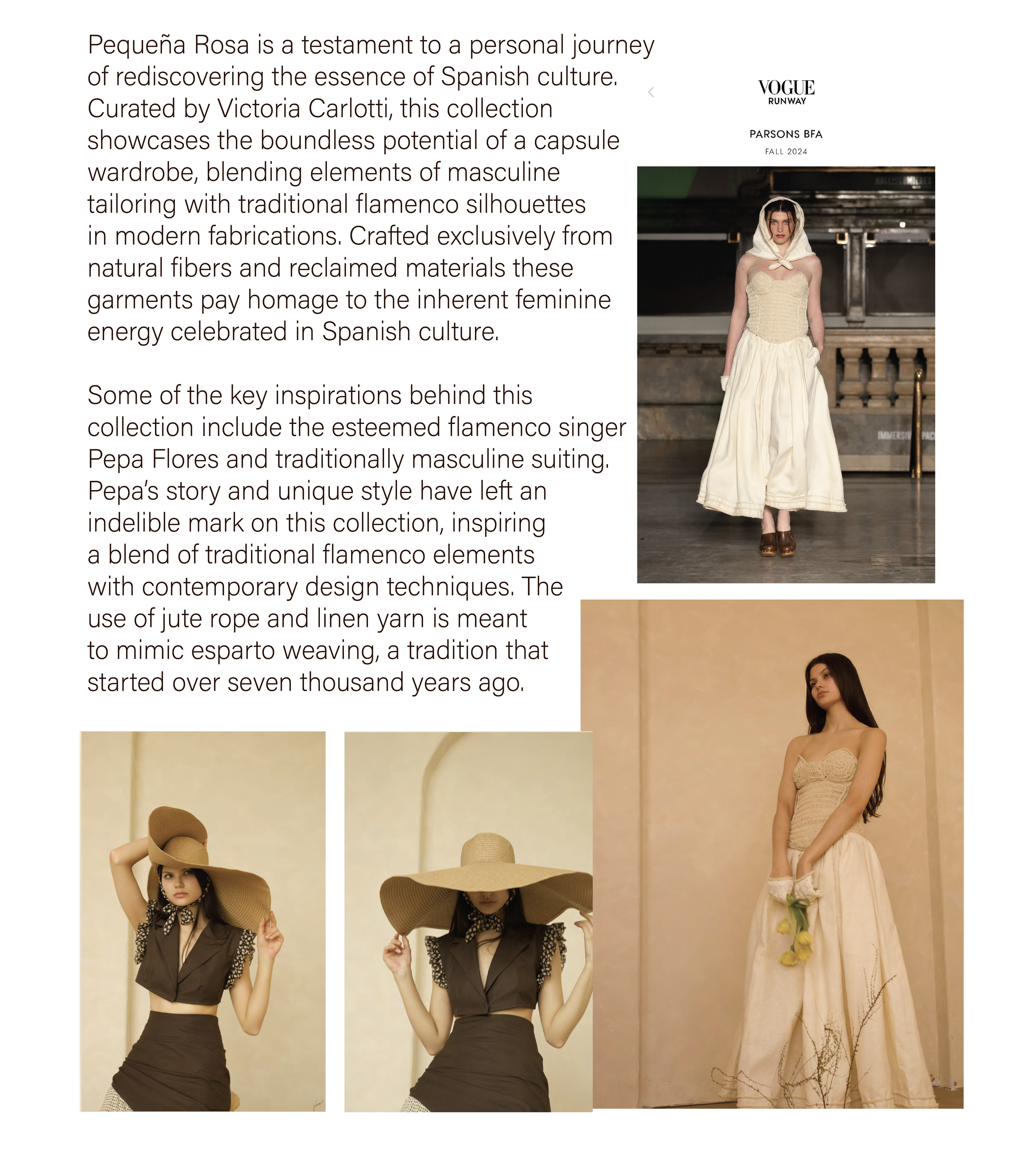 Page from Vogue Runway featuring a fashion collection with images of female models in stylish outfits, including one in a beige dress and another in a dark brown ensemble with a large hat, set against a neutral background.