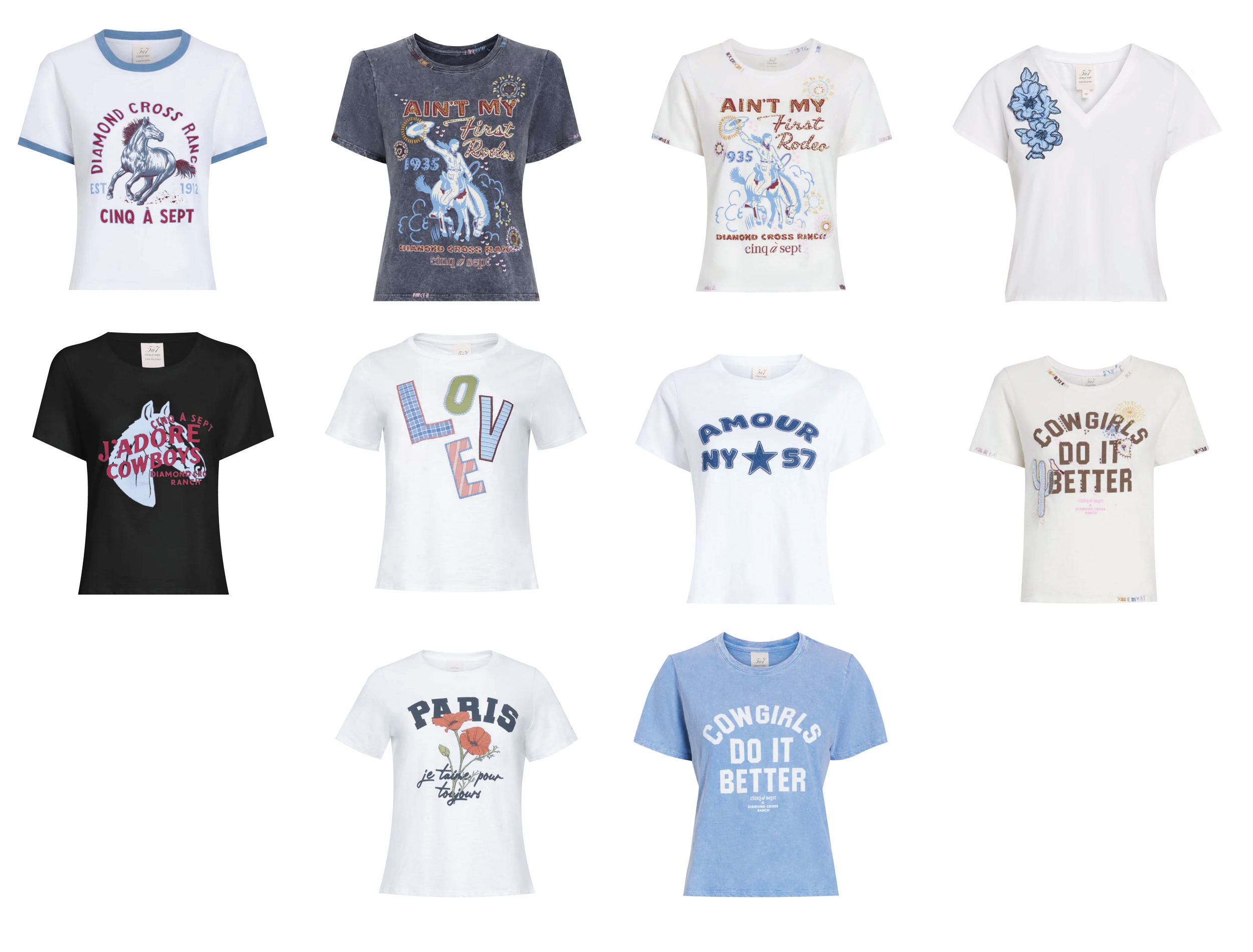 A collection of ten women's T-shirts with various graphic and text prints, including images of horses, flowers, and words like "LOVE" and "COWGIRLS", displayed against a white background.