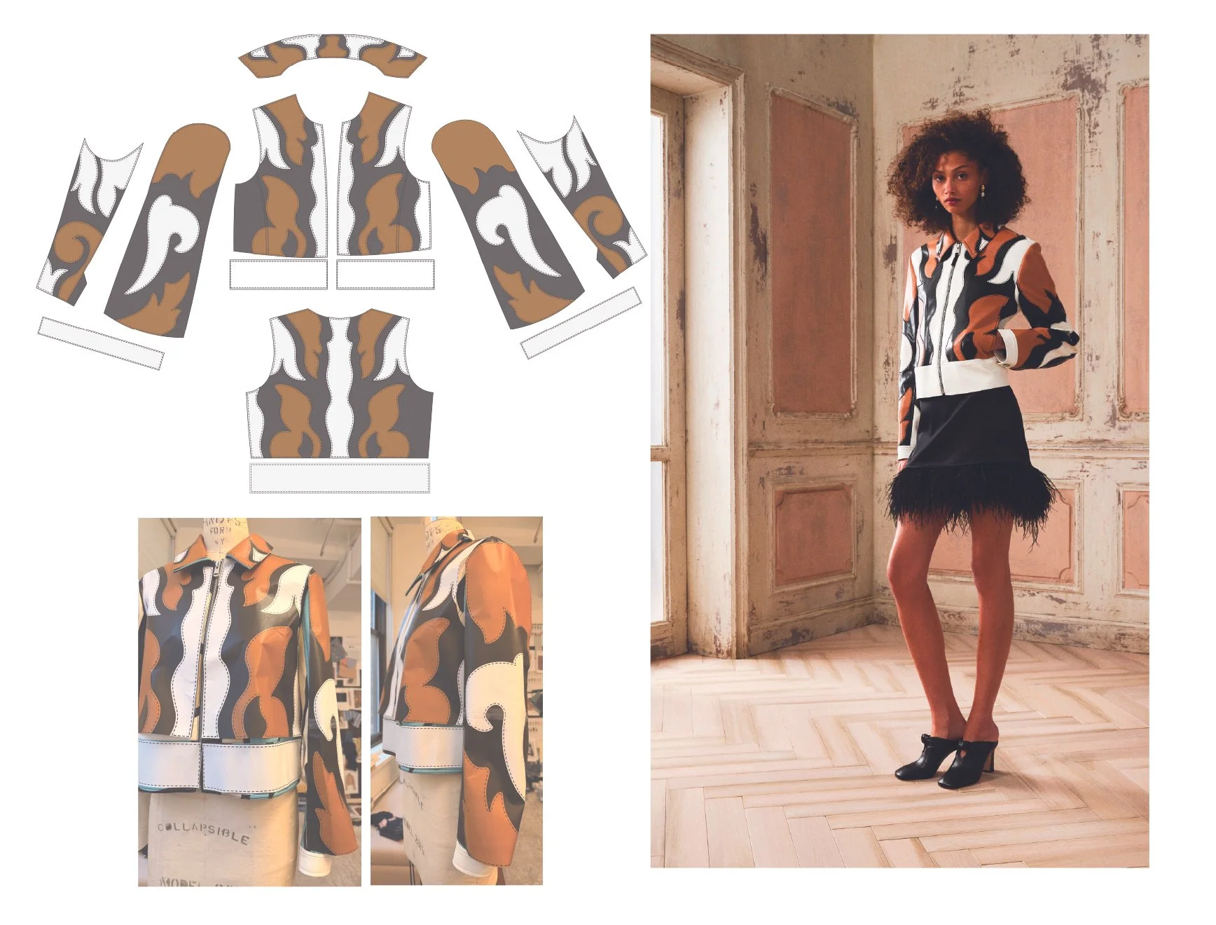 A fashion collage featuring a designer jacket with abstract swirling patterns in black, brown, beige, and white, shown both as a flat pattern and on a mannequin, alongside a photo of a woman wearing the jacket paired with a black feathered hem skirt and black ankle boots set in a vintage-style room with distressed walls.