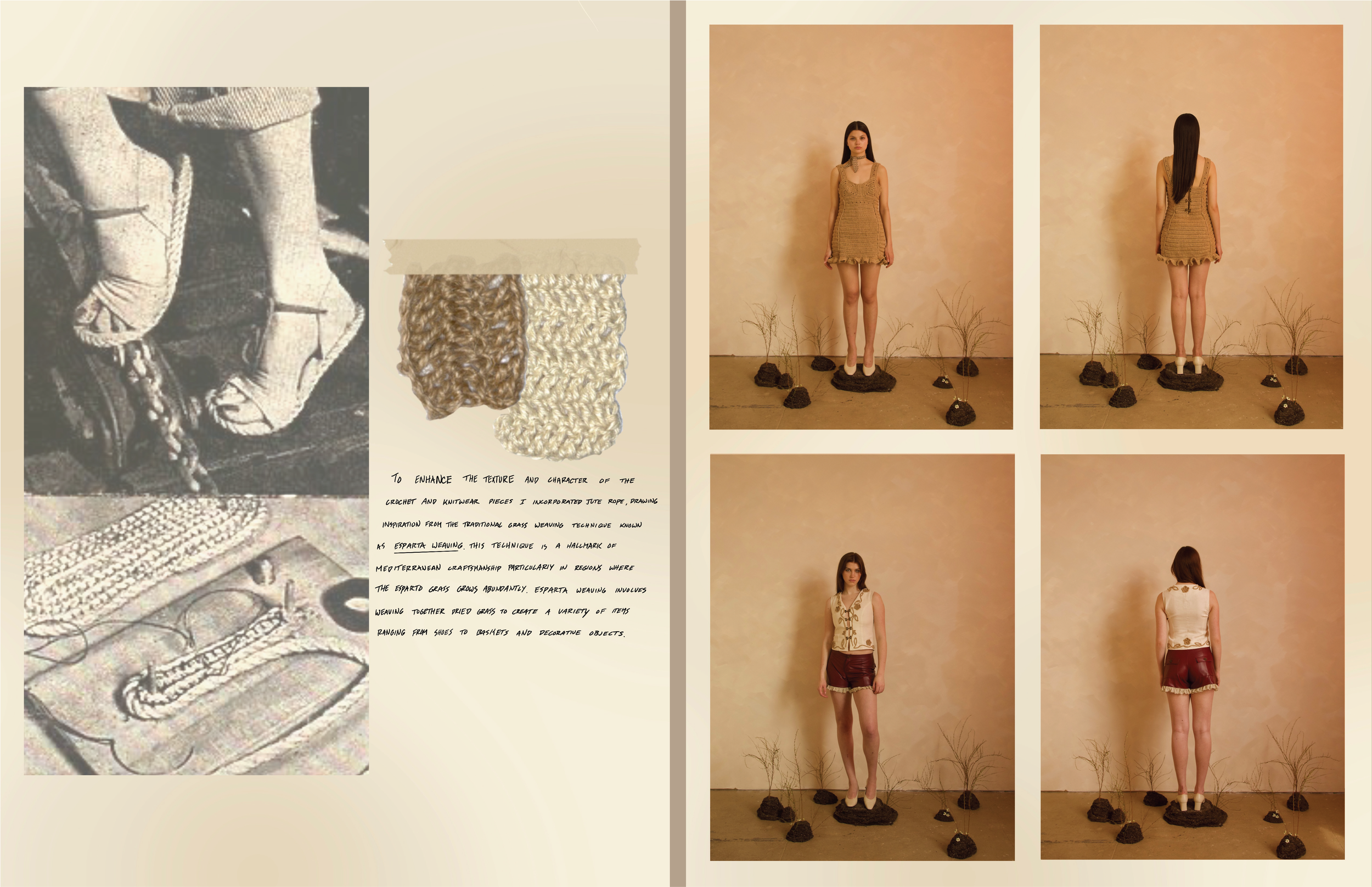 Two side-by-side images of a female mannequin wearing a beige crochet dress, with the front view on the left and the back view on the right, standing on rocks with minimal plant life against a warm-toned background.