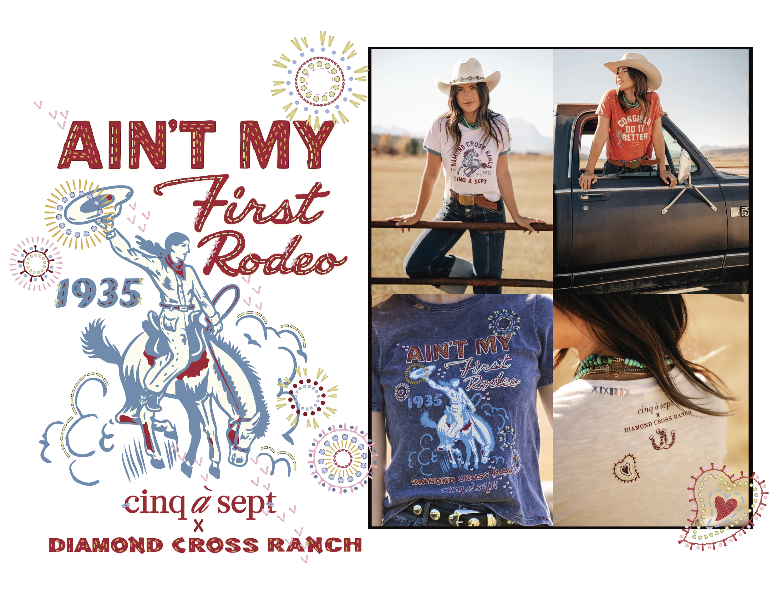 A graphic with text that reads 'Ain't My First Rodeo 1935 Diamond Cross Ranch' and an illustration of a cowboy riding a bucking horse, surrounded by colorful decorative circles and patterns, alongside a photo of a woman dressed in Western attire.