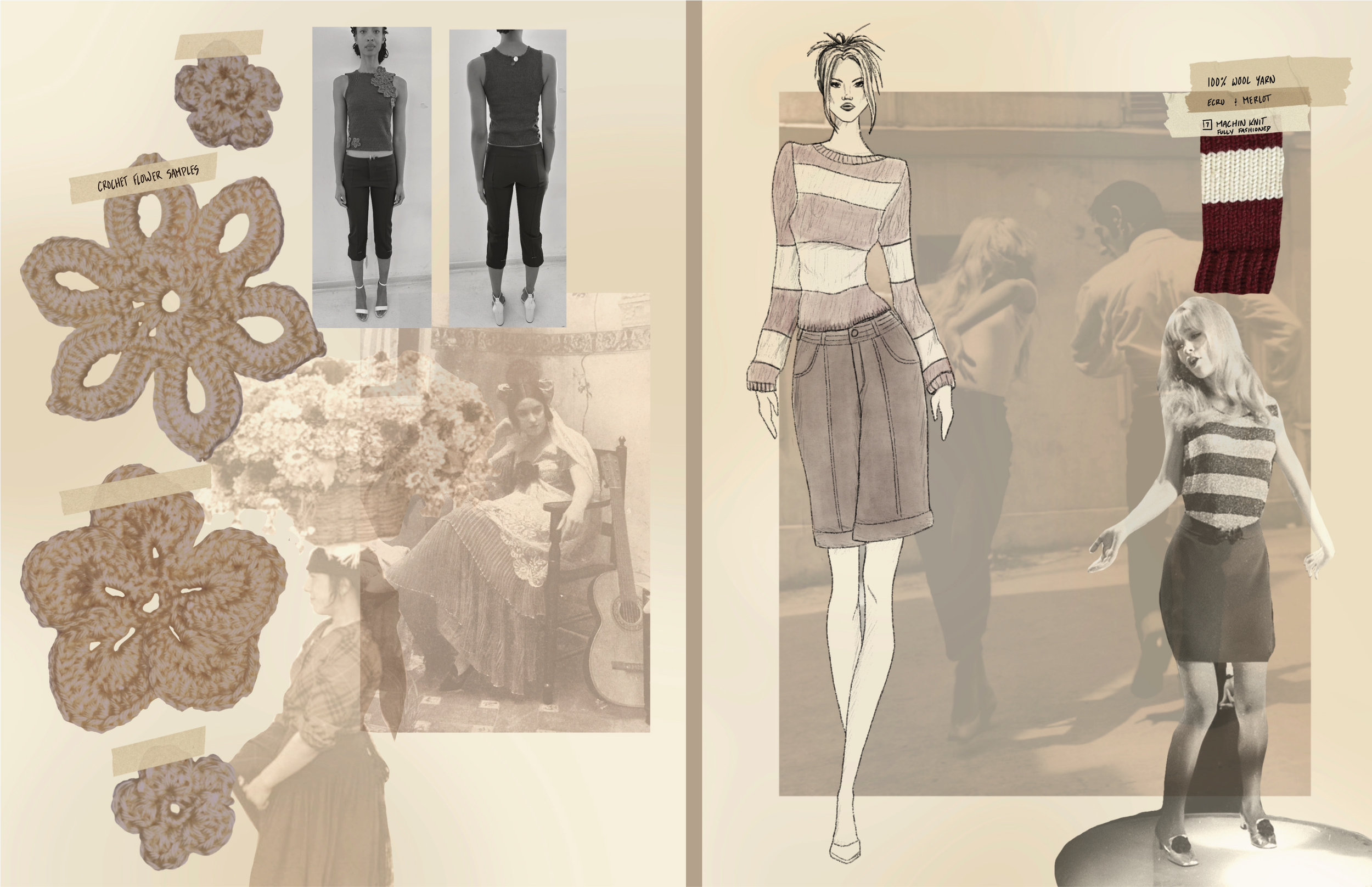 A collage of fashion and textile images. On the left, there are flower-shaped crochet samples labeled "Crochet Flower Samples" and black-and-white photos of two women in stylish black outfits. On the right, a sketch of a woman wearing a striped sweater and skirt, with fabric swatches and a photo of a woman in a striped top, in what appears to be a fashion show or studio setting.