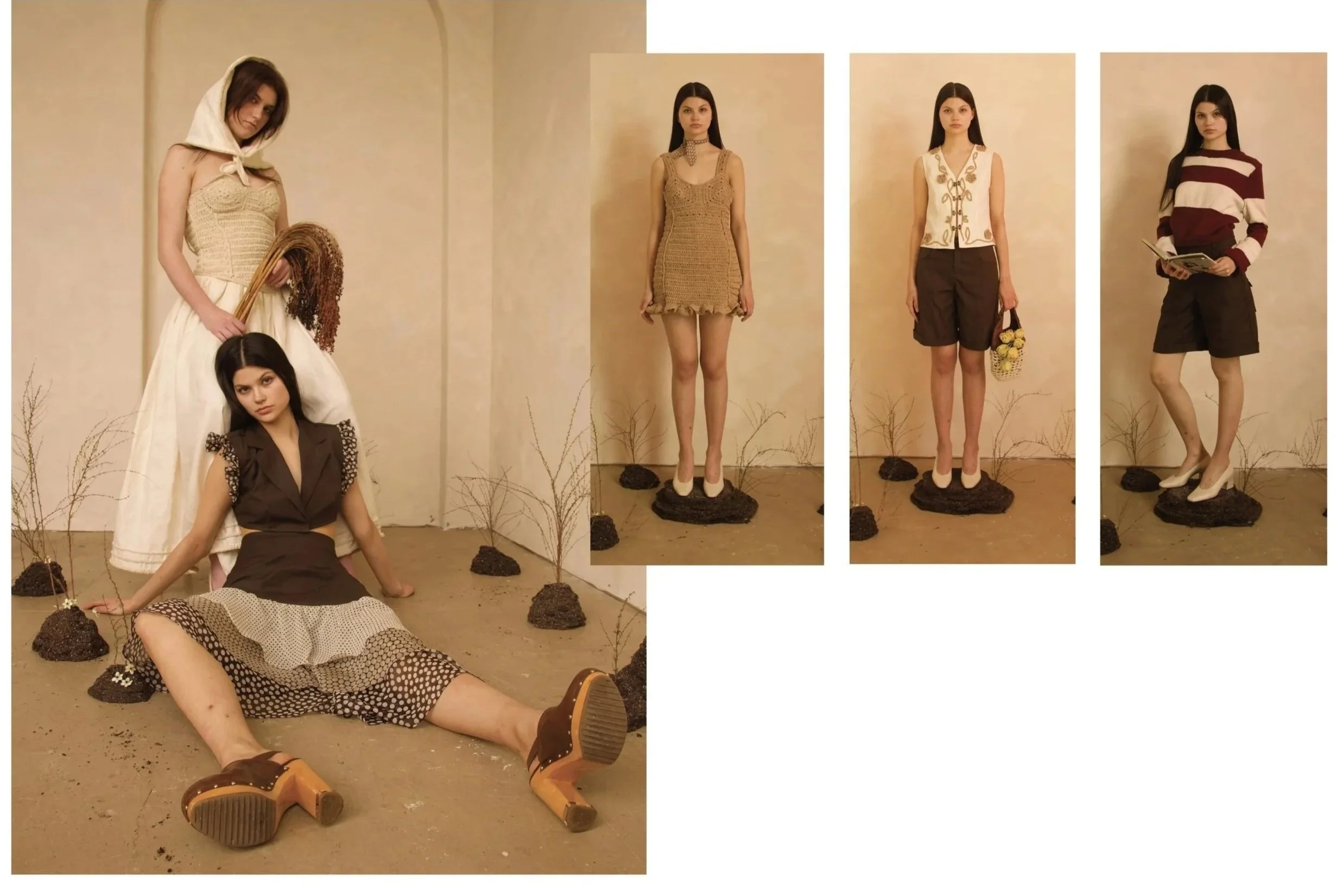 Four female models in various outfits standing or sitting in a neutral space with messy soil and scattered rocks on the ground. One model lying on the floor, one sitting with legs extended, and two standing, one holding a book and the other holding a basket of flowers.