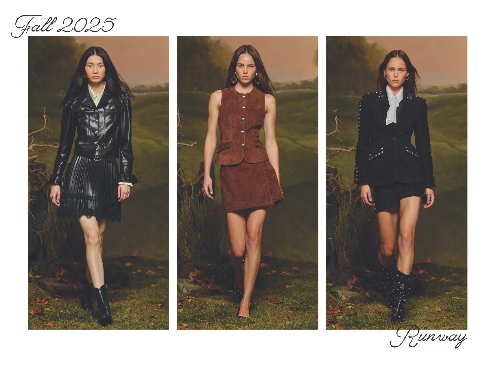 Fashion runway scene with three models walking outdoors during fall 2025, each wearing black and brown outfit with boots, set against a backdrop of trees and a sky with warm tones.