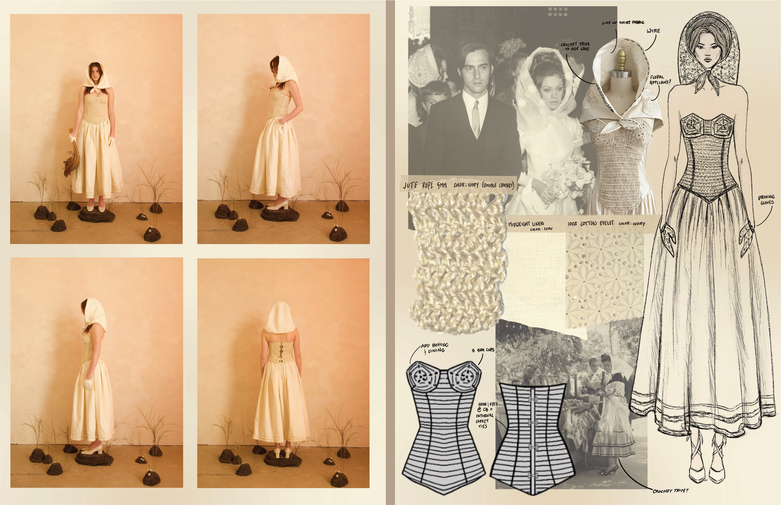 A fashion display featuring a woman in a vintage-inspired cream-colored dress and a hooded shawl, with her shoes placed on small rocks surrounded by tiny plants. Next to the photos are hand-drawn sketches and notes of a similar dress design, fabric samples, and technical garment details.