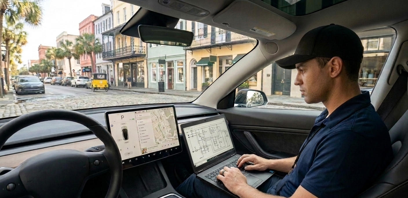 A man sitting inside a Tesla diagnosing with a laptop on his lap, working on electrical or circuit diagrams, while the vehicle is parked on a cobblestone street in Downtown Charleston, SC, with colorful buildings and palm trees in the background.