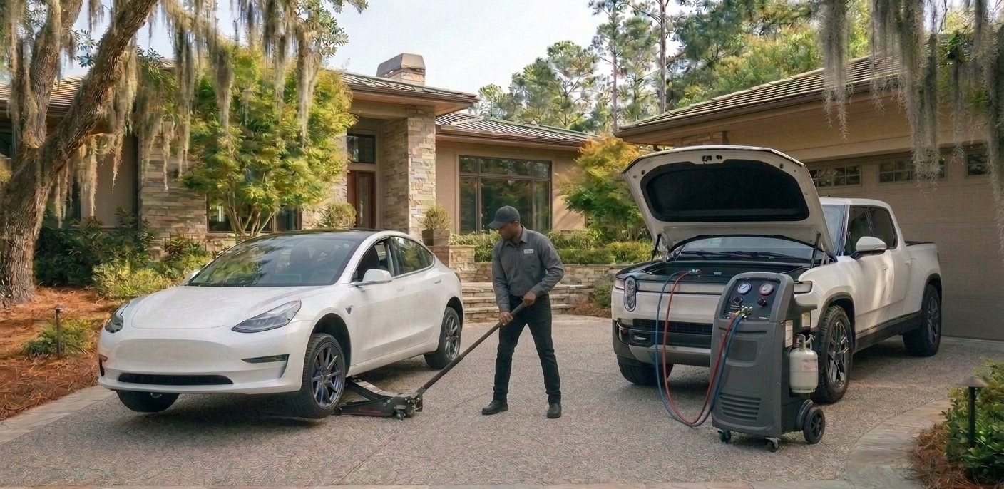 A mechanic is doing a tire rotation and 12v battery replacement on a Tesla Model 3 parked in the driveway of a house. Air Condition repair equipment is connected to a Rivian with the hood open, with charging device and cables attached to the vehicle.