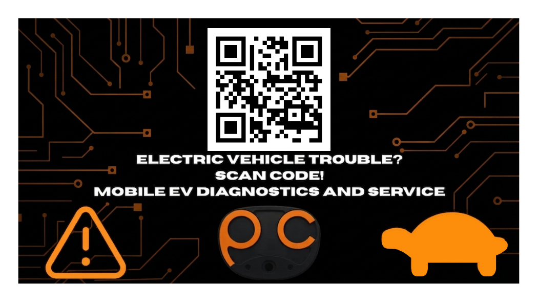A digital sign with a QR code at the center, surrounded by a circuit board pattern background. The sign contains text encouraging scanning the code for mobile electric vehicle diagnostics and service. There is an orange warning triangle with an exclamation mark on the left, a circular EV diagnostic device below the text, and an orange silhouette of a car on the right.