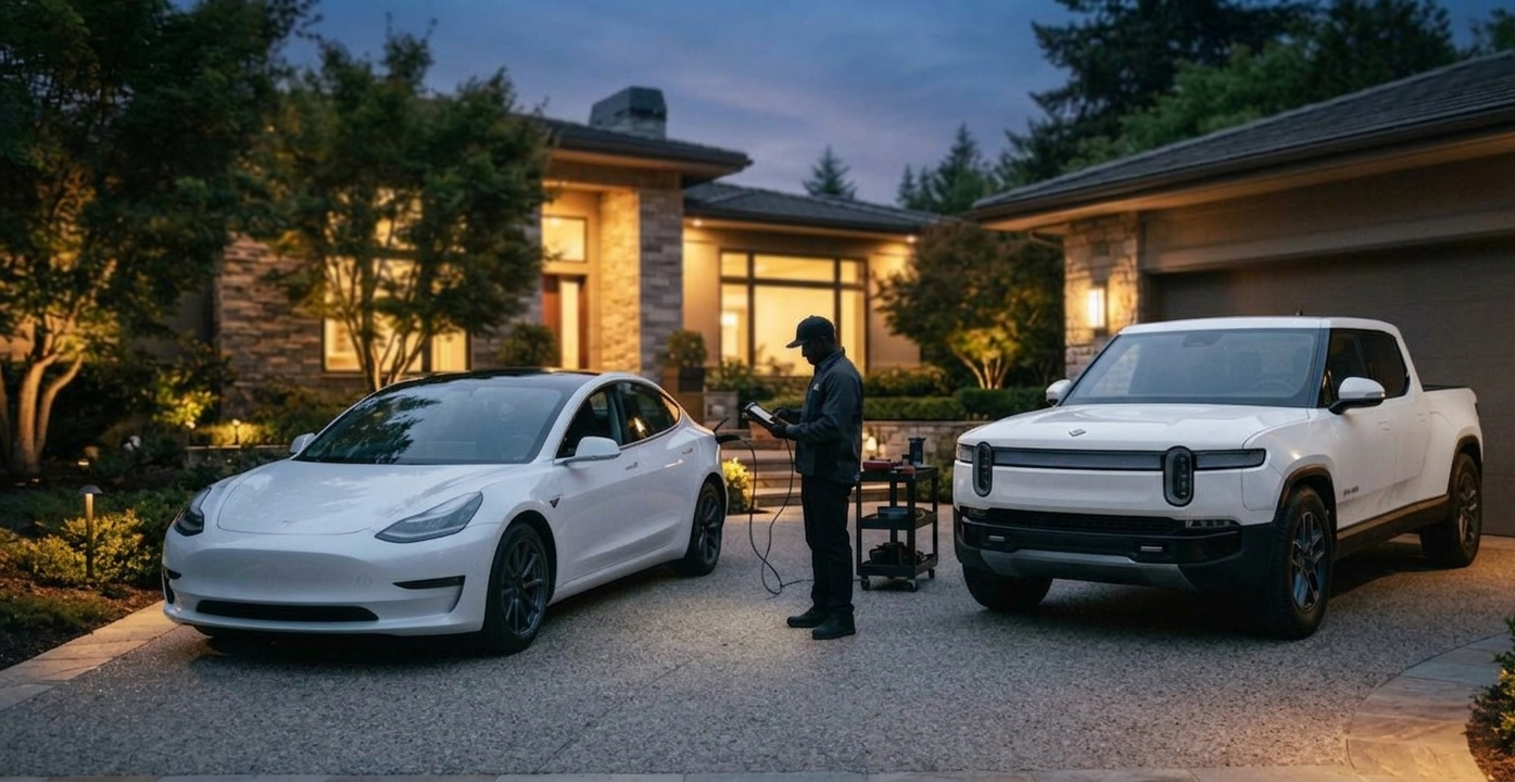 An electric vehicle mobile service setup in a residential driveway with a certified technician plugging in a white Tesla Model 3, a white Rivian R1T electric truck parked nearby, and a house in the background during dusk in Charleston, SC.