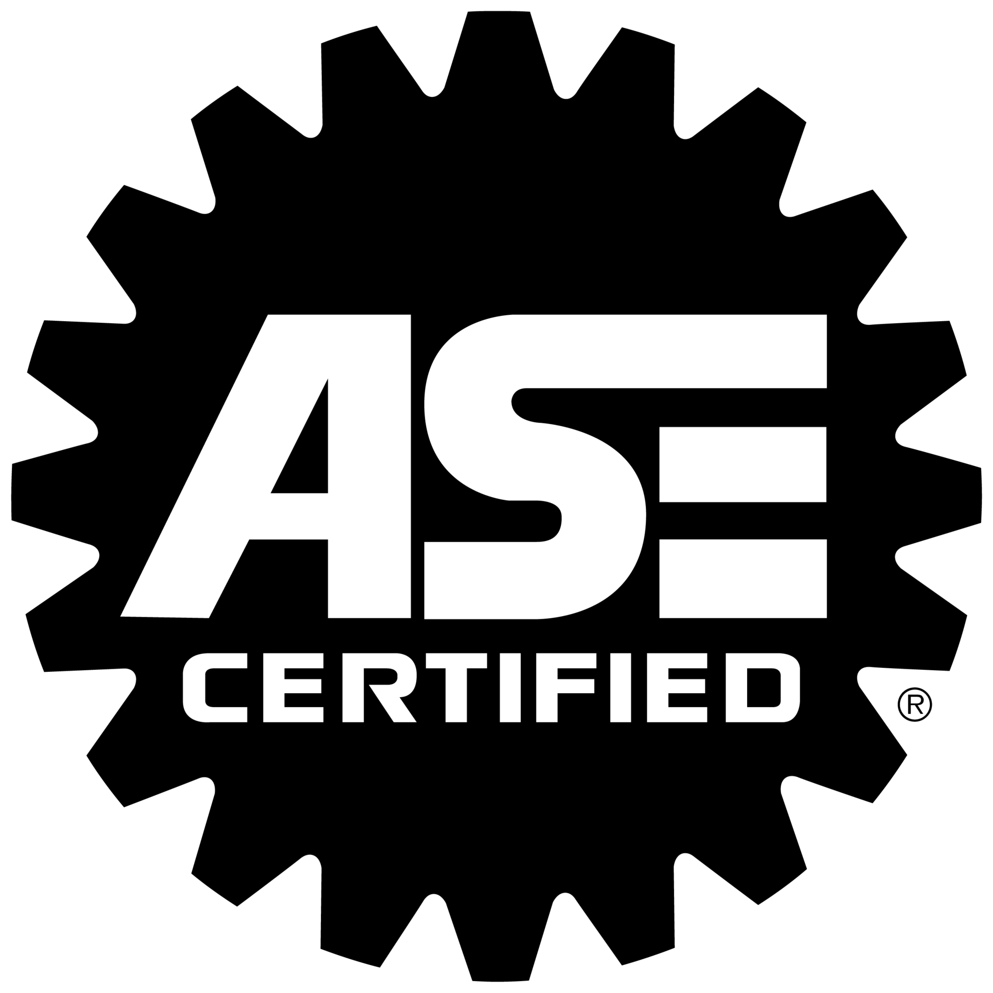 Black and white certification logo with the words 'ASE CERTIFIED', and a gear shape surrounding the text.