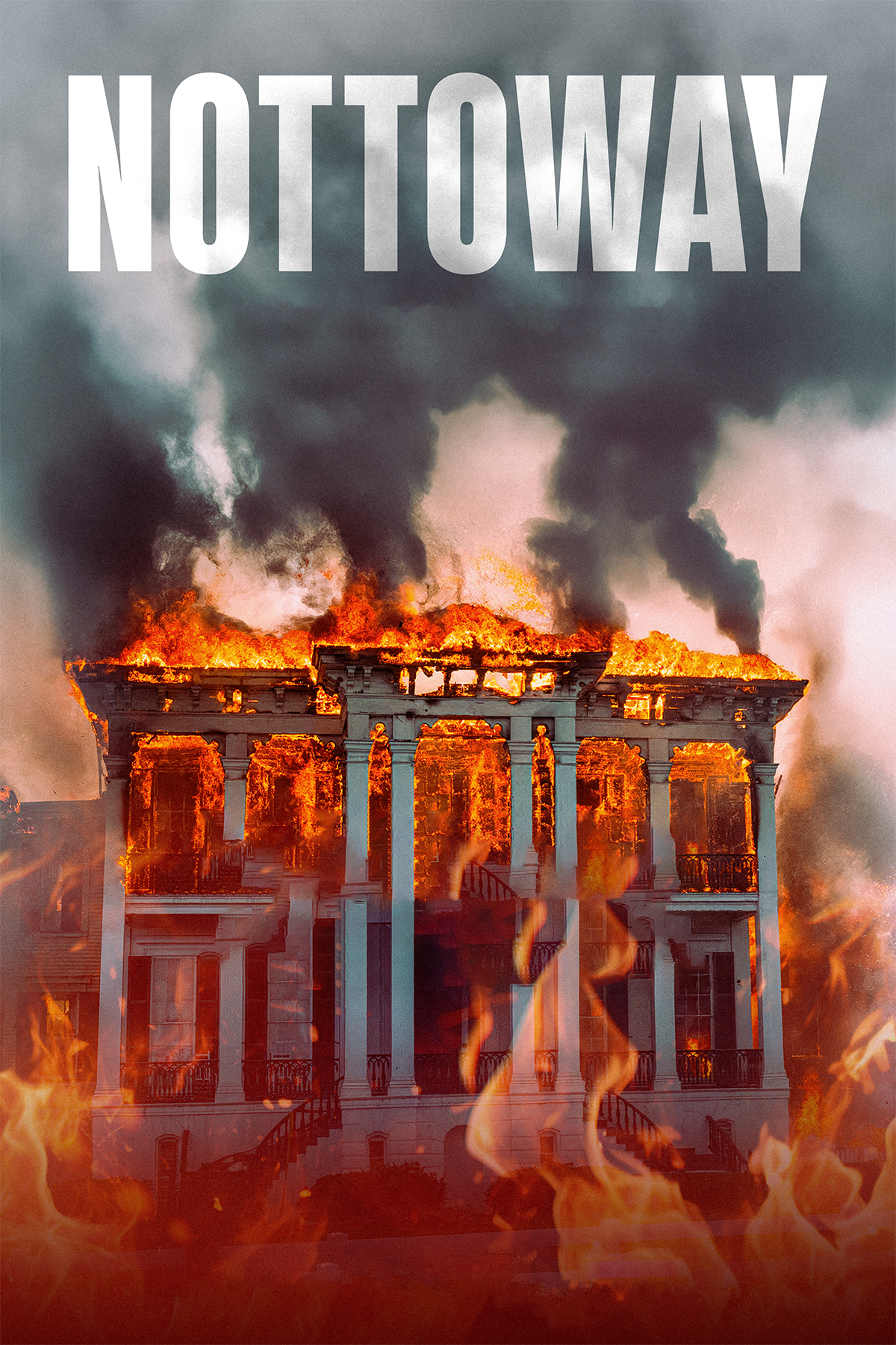 The White House is on fire, with large flames and thick black smoke billowing from the roof, engulfing the building.