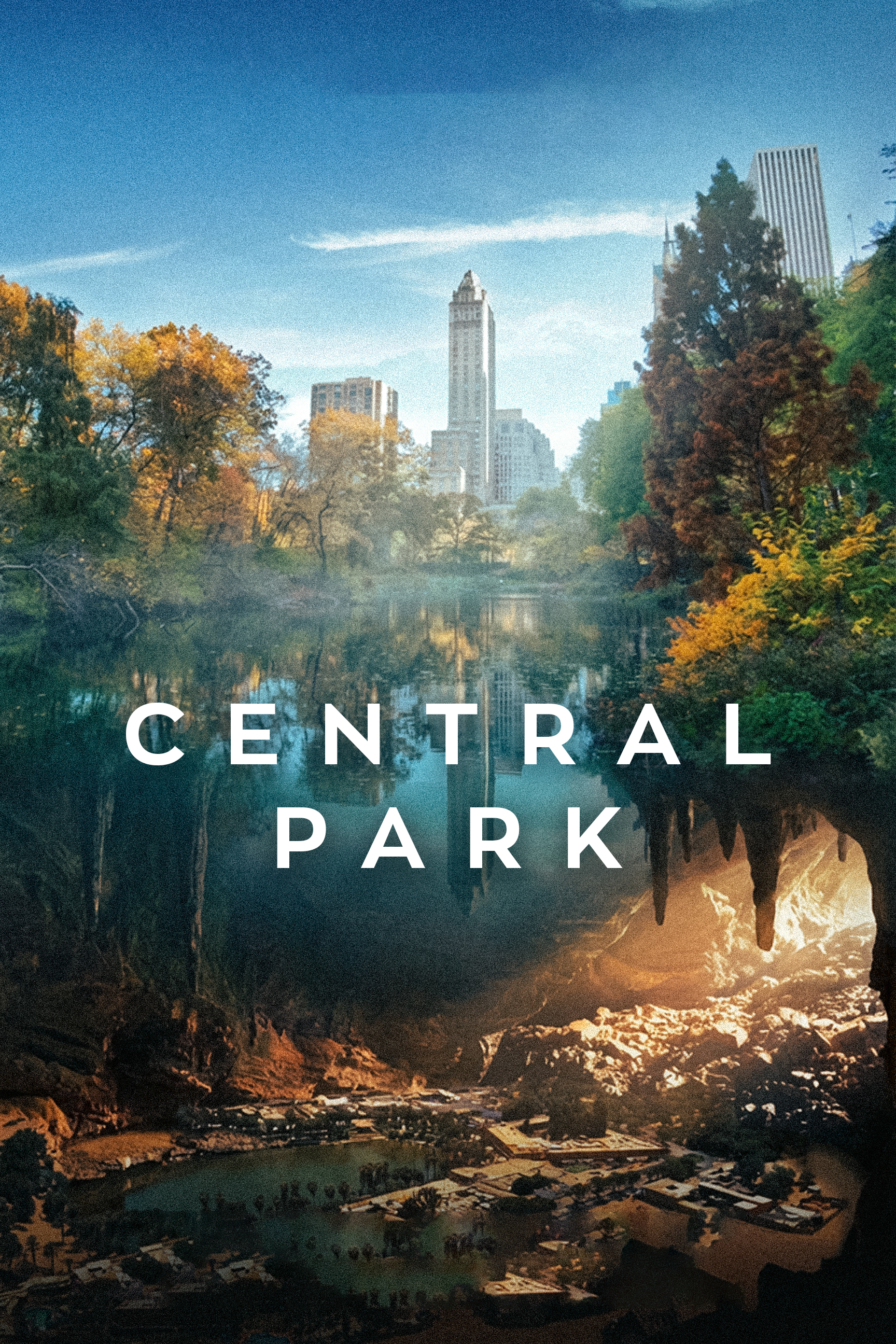A scenic view of Central Park in New York City during daytime, featuring tall buildings in the background, a lake surrounded by trees with golden and green foliage, and rocky terrain in the foreground.