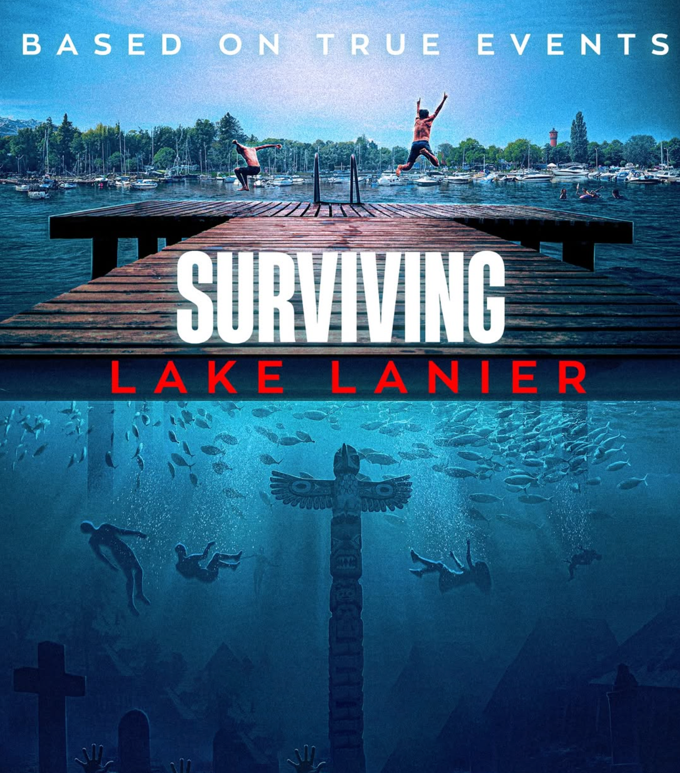 Book cover titled "Surviving Lake Lanier" featuring a dock with two people jumping into a lake lined with boats and trees, with underwater scene showing fish, a totem pole, and divers.