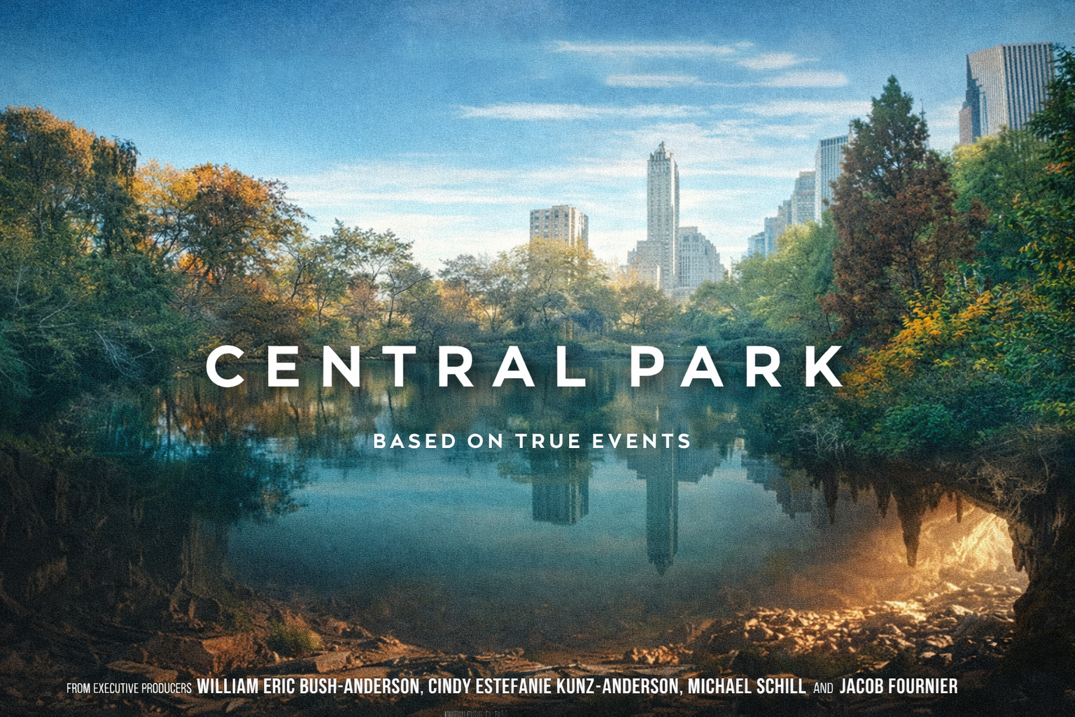 A park with a pond in front and trees with autumn leaves, city skyscrapers in the background, and the text 'Central Park Based on True Events' overlaid.