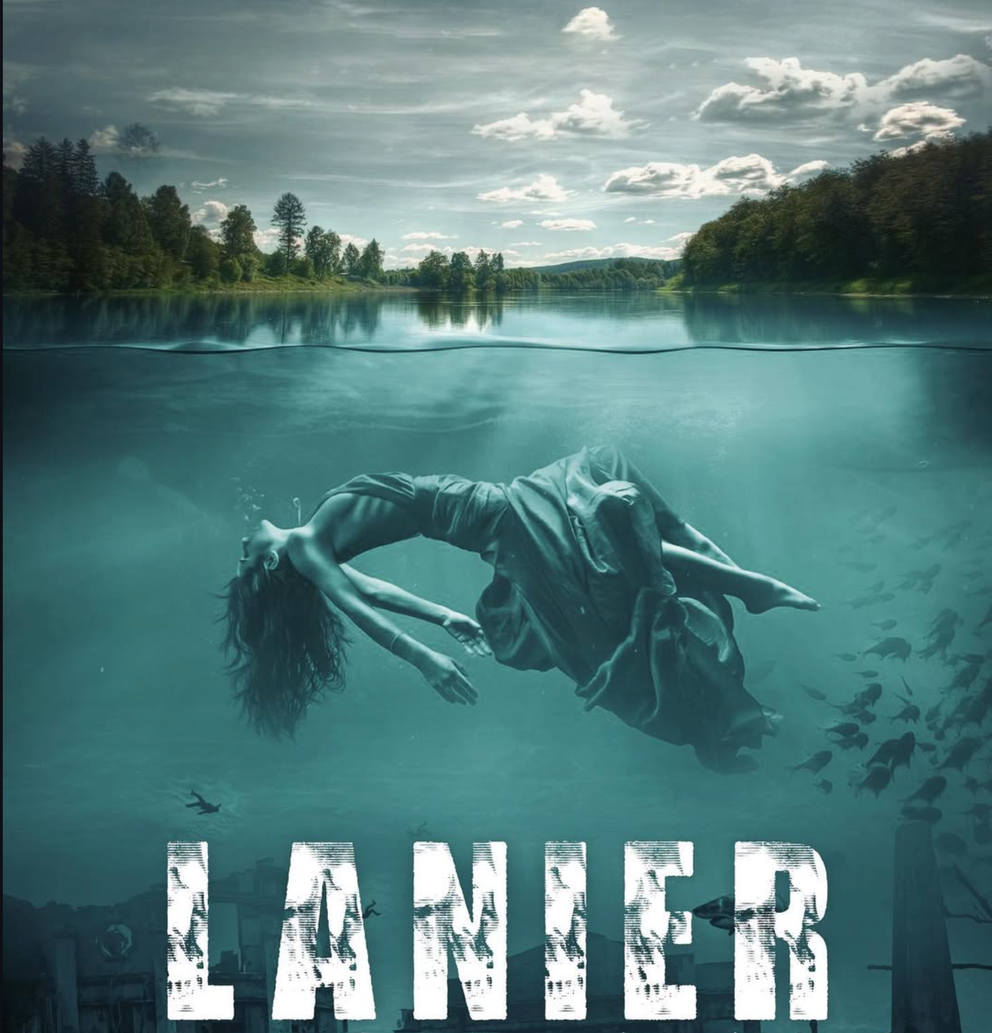 A woman submerged underwater in a lake, with her head tilted back and hair flowing. The background shows trees, a cloudy sky, and a skyline faintly visible in the distance. The words "DAMAGED LANDS" are displayed at the bottom.