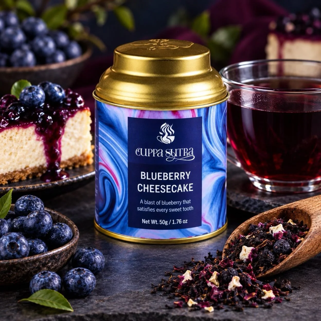 Treat yourself to our new Blueberry Cheesecake Tea - sweet, creamy, and seriously irresistible 🫐🍰✨ See our website for details #desserttea #blueberrycheesecake #cuppasutra