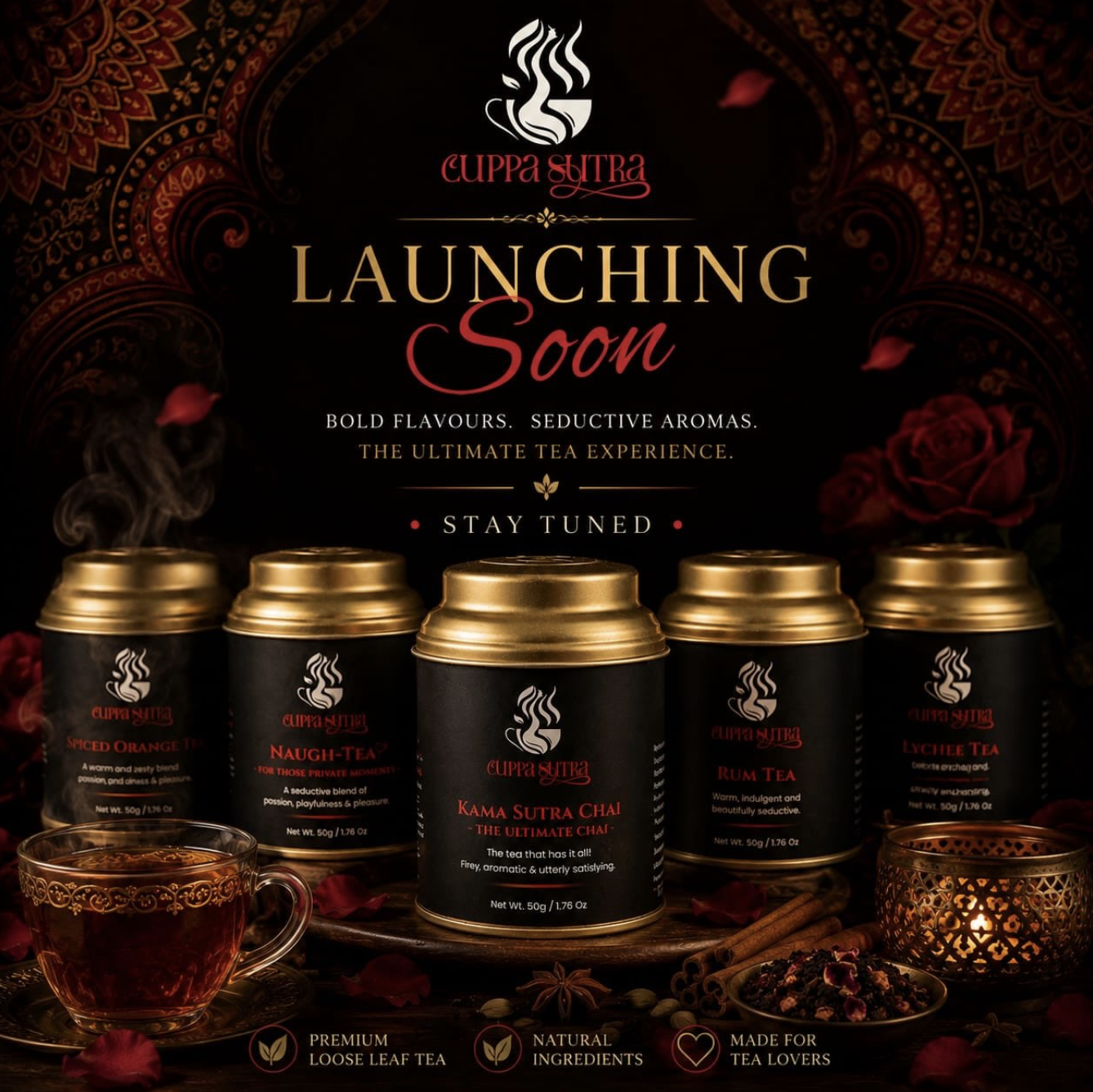 Announcement for Cuppa Sutta tea brand launching soon, featuring black and gold tea containers with descriptions, surrounded by a cup of tea, rose petals, and spices, set against a dark ornate background.