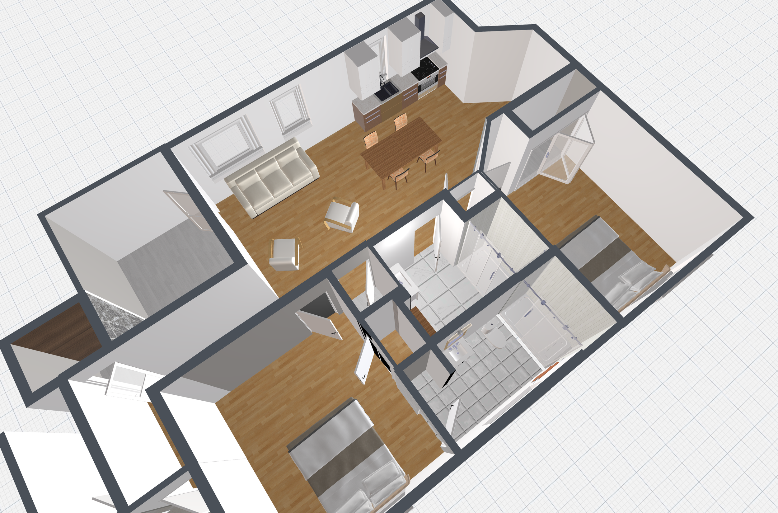 A 3D floor plan of a residential space showing a living room with a sofa and chairs, a dining table with chairs, a kitchen with appliances, a bathroom with a shower, and a bedroom with a bed.