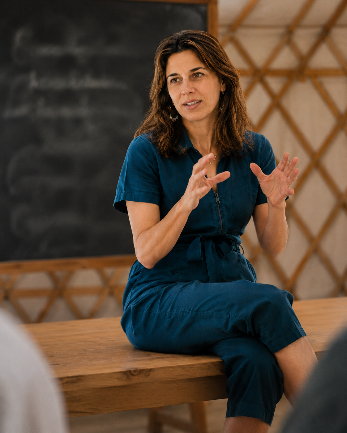 Frederica Helmiere speaking and gesturing, seated in a workshop setting