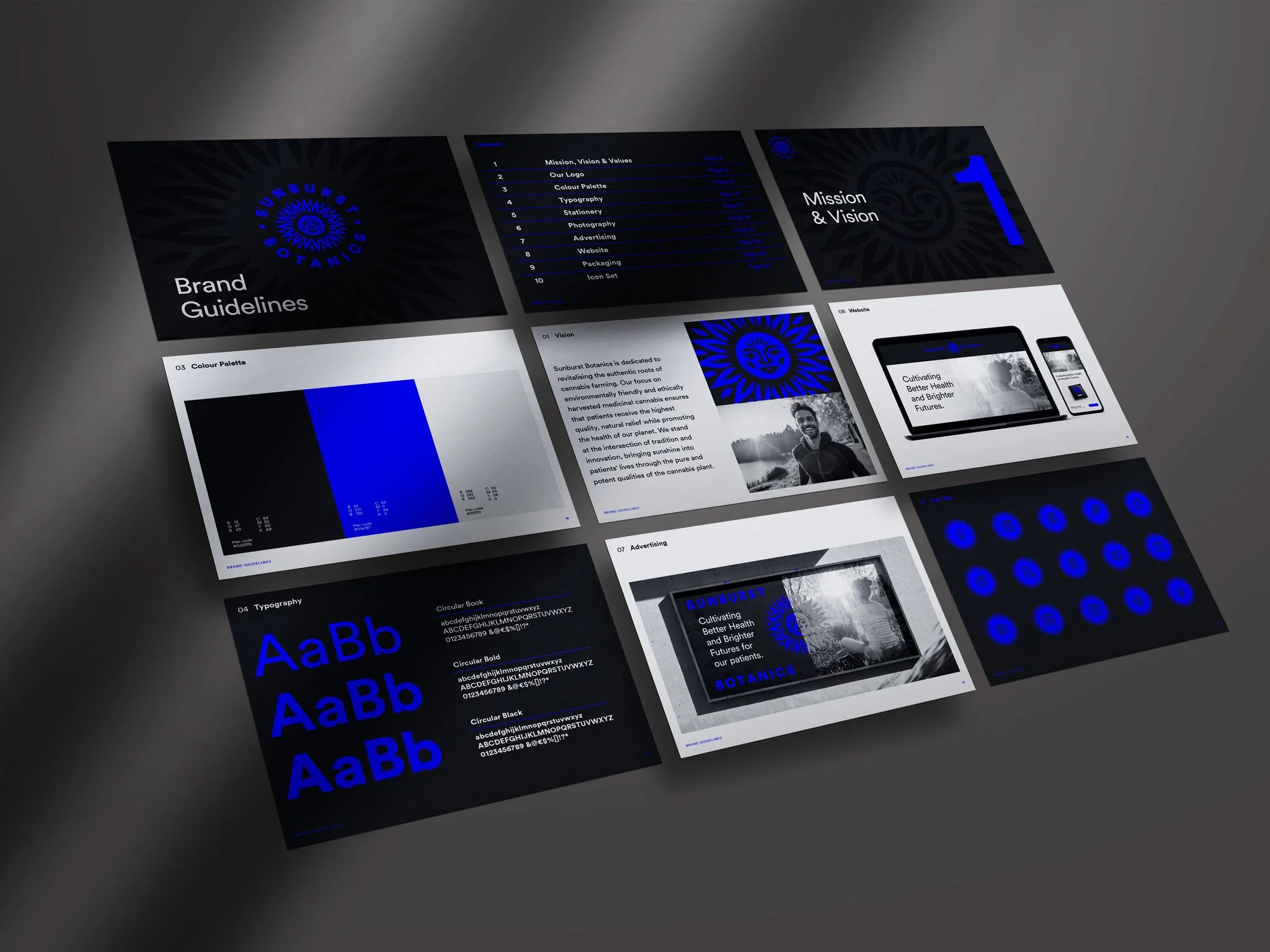 A digital presentation board displaying brand guidelines for Sunburst Botanics, including sections on mission, vision, values, logo, color palette, typography, stationery, photography, advertising, website, packaging, icon set, with blue and black color schemes.
