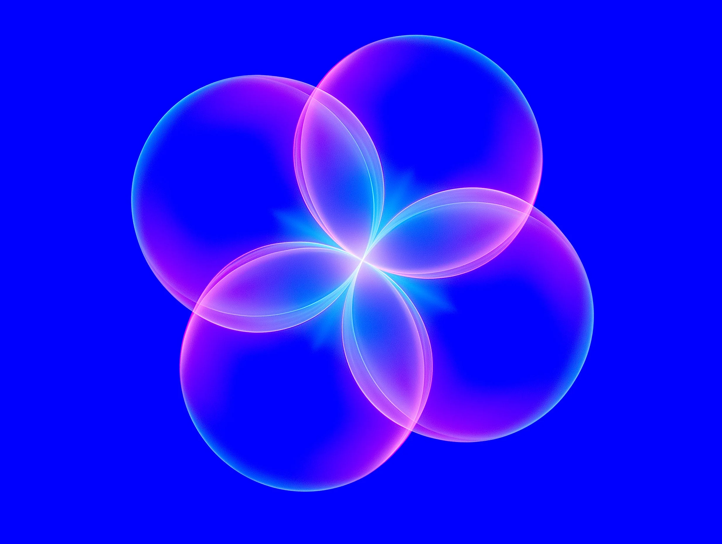 Abstract digital art with overlapping translucent glowing circles in shades of purple, pink, and blue against a solid blue background.