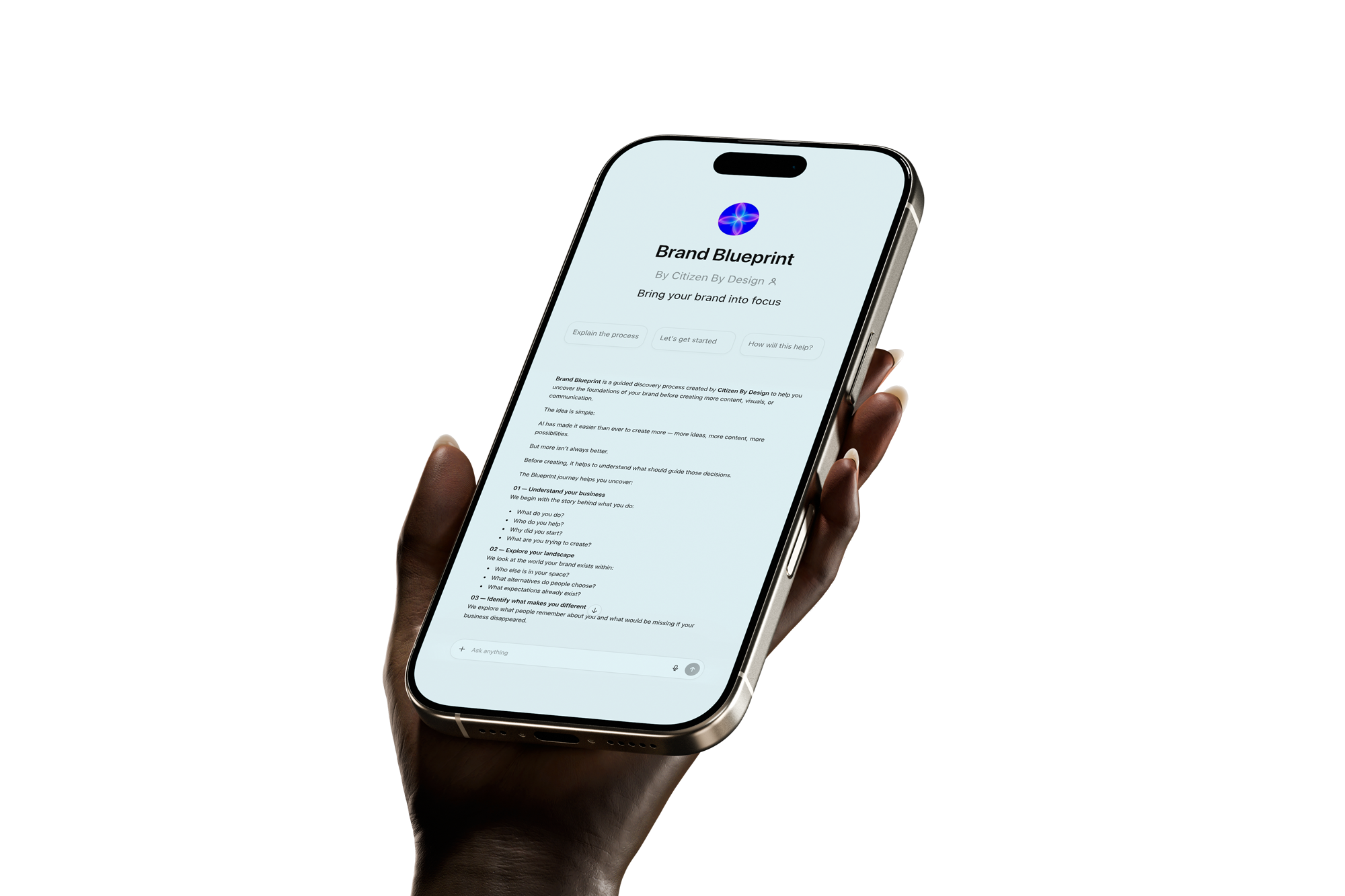 A person's hand holding a smartphone displaying a webpage about branding and design process.