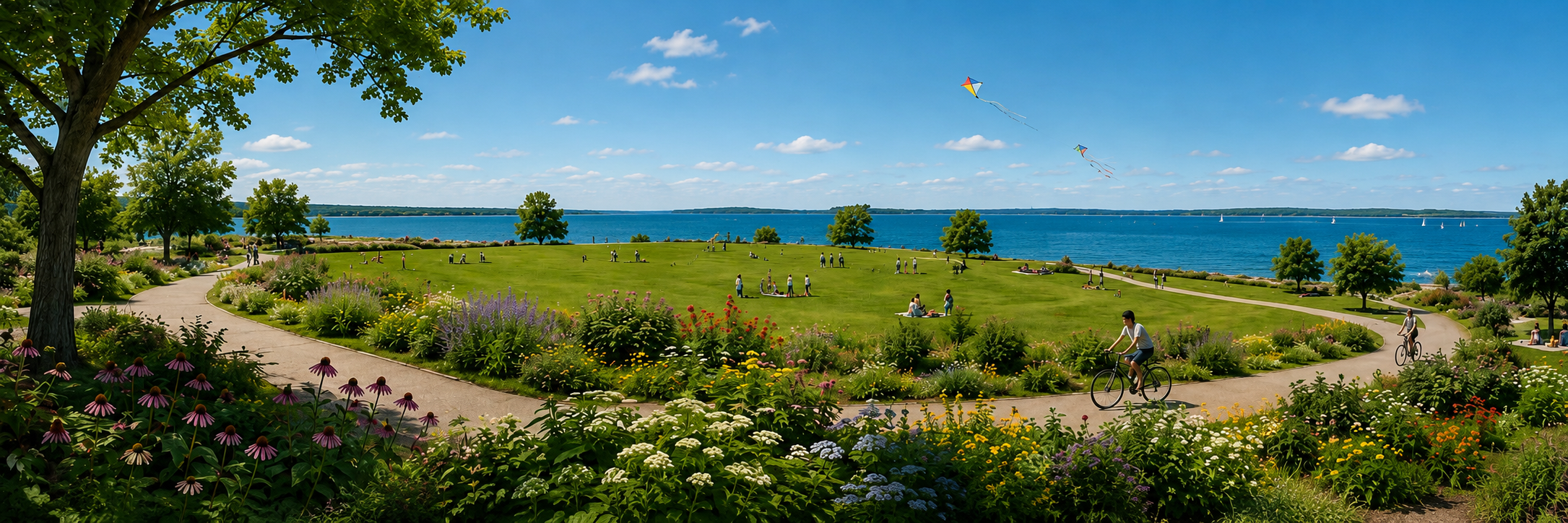 A scenic park on a sunny day with people walking, biking, and sitting on the grass near a body of water. There are colorful flowers, green trees, and kites flying in the sky.