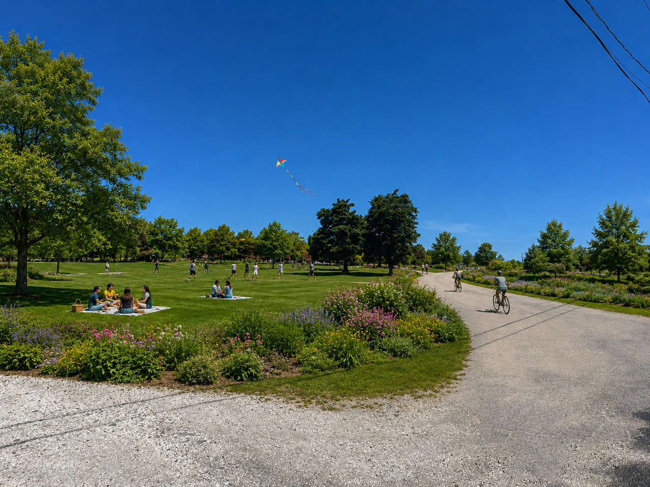 A park on a sunny day with people sitting on blankets, walking, and riding bikes. Green trees, colorful flower beds, and a clear blue sky with a kite flying.
