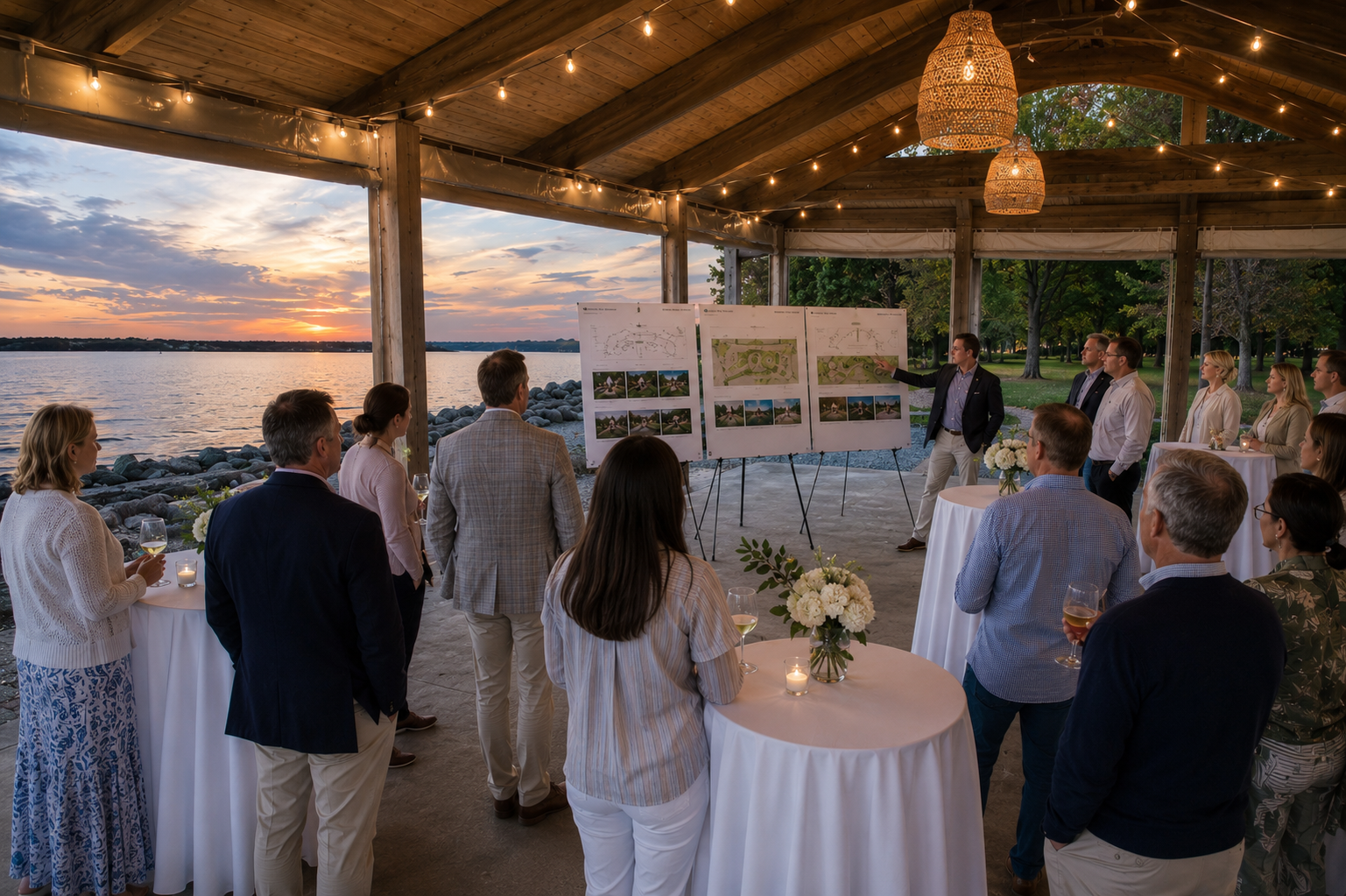 Group of people attending a presentation by a speaker at an outdoor event during sunset. The setting features a waterfront view with tables, flowers, and string lights inside a wooden pavilion.