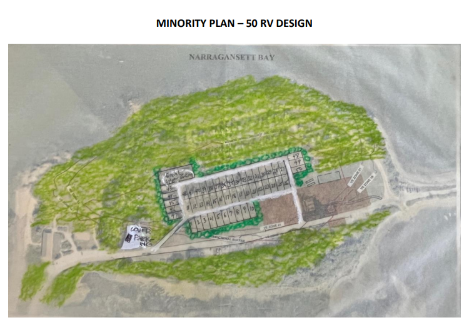 Hand-drawn site plan for a 50 RV microbrewery, labeled 'Minority Plan - 50 RV Design,' showing wooded areas, a central building, parking, and surrounding landscape near Narragansett Bay.
