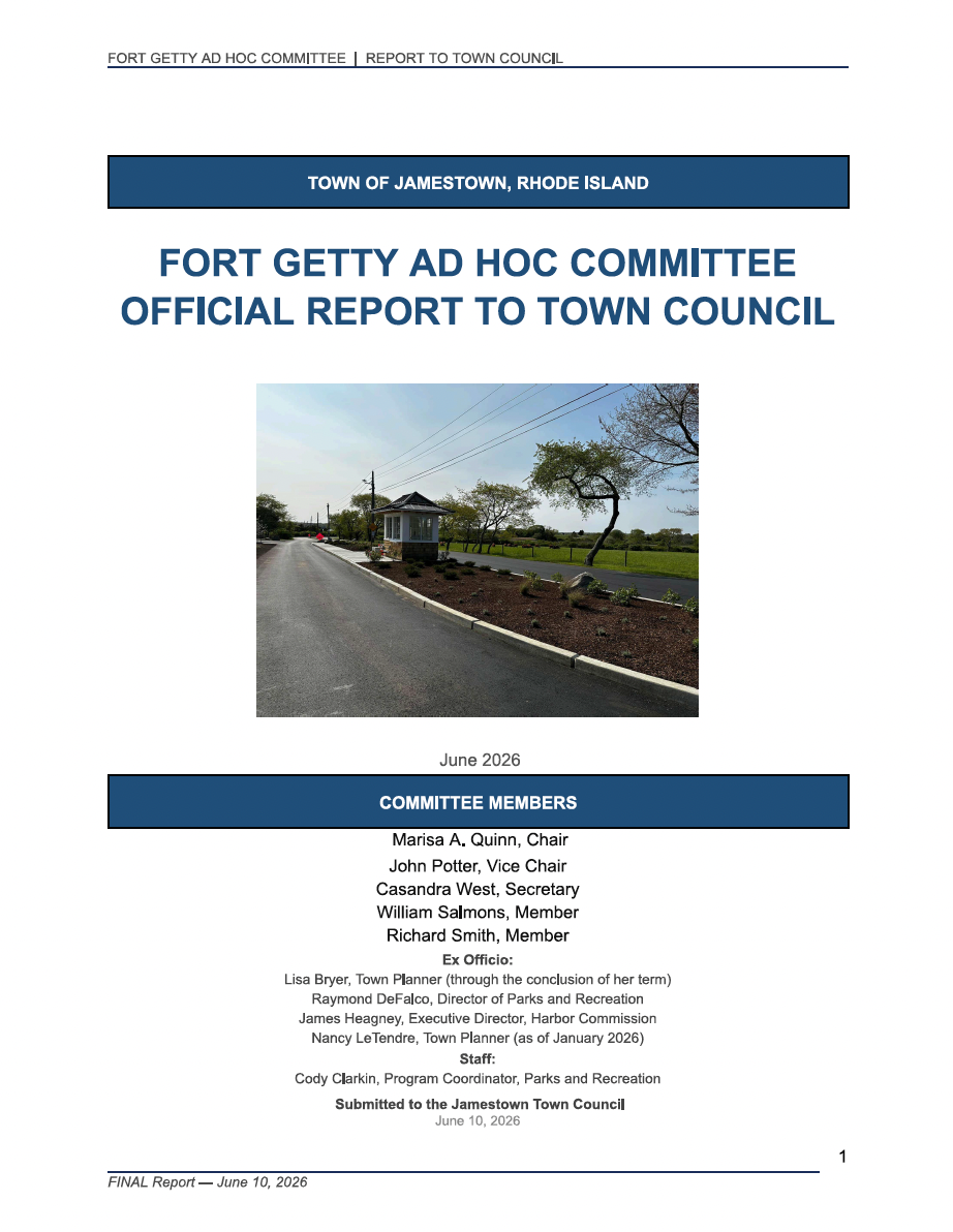 Cover page of an official report by the Fort Getty Ad Hoc Committee to the Jamestown Town Council, dated June 2026. The cover features a landscape photograph of a paved road with a small building to the left, trees, and power lines, under a partly cloudy sky. The report lists committee members, ex-officio members, staff, and submission date.