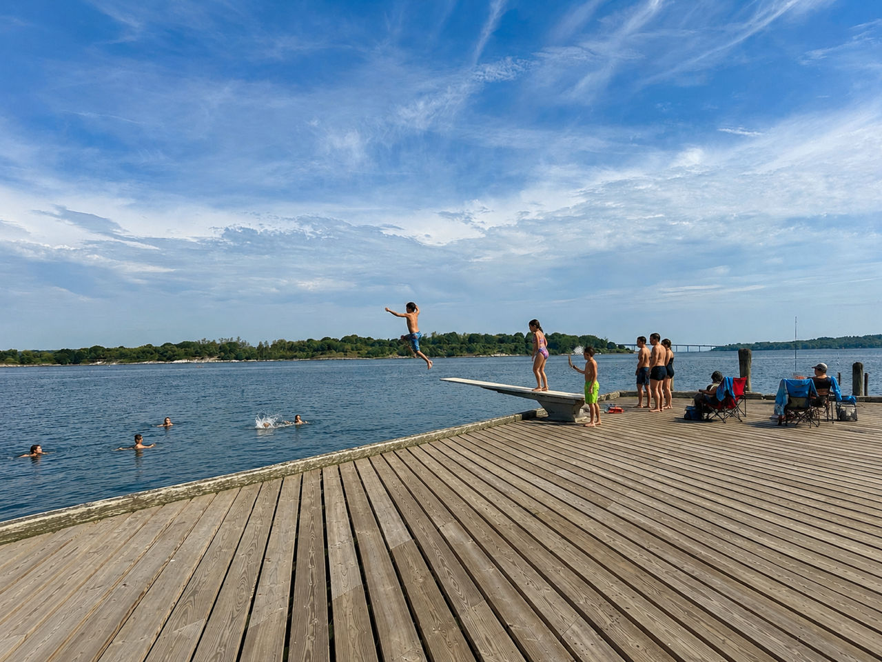 Children and adults enjoying a day at the lake, with kids jumping off a dock into the water, some swimming and others watching, on a bright, partly cloudy day.