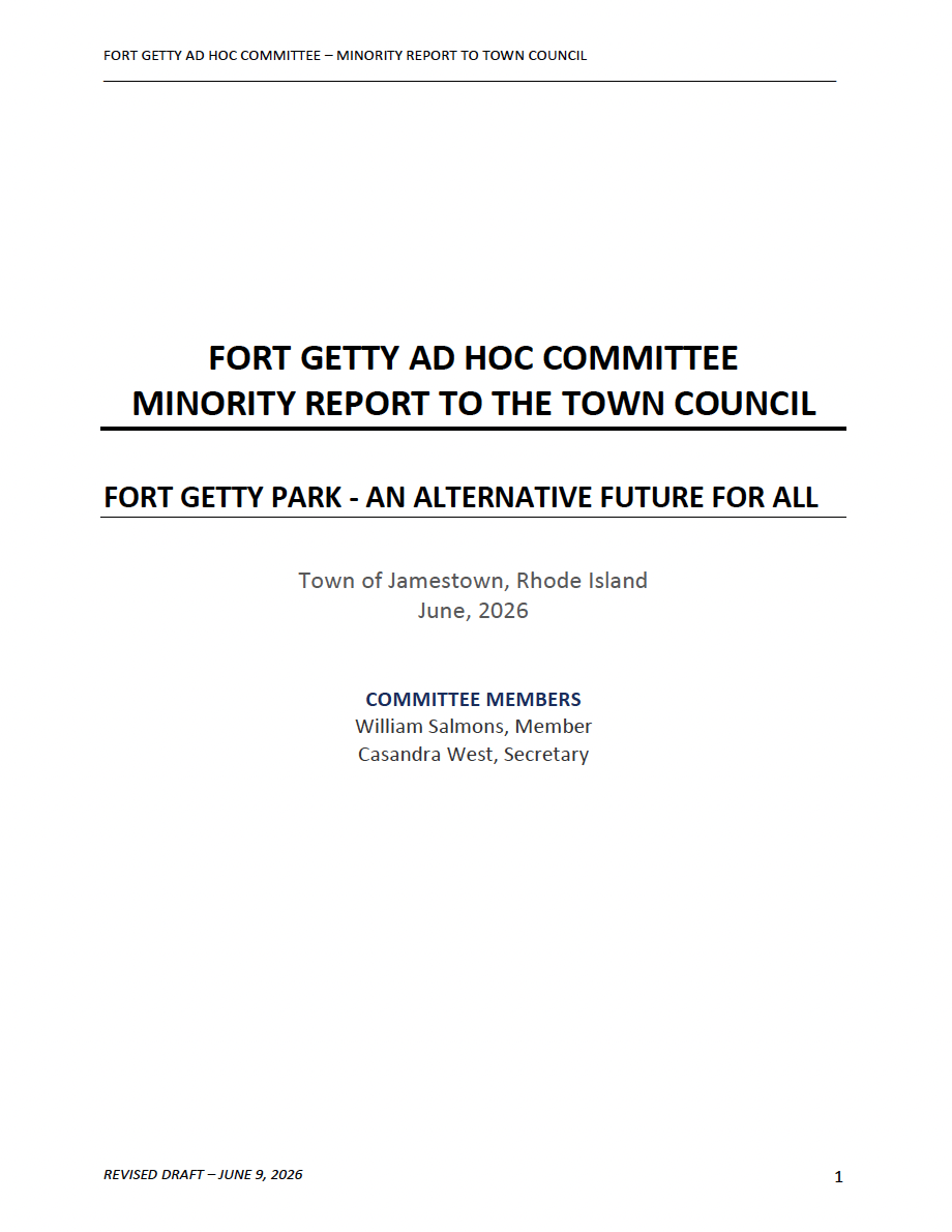 Cover page of a report titled "Fort Getty Ad Hoc Committee Minority Report to Town Council" dated June 2026, with the subtitle "Fort Getty Park - An Alternative Future for All," indicating it is a report from the Town of Jamestown, Rhode Island, authored by William Salmons and Casandra West.