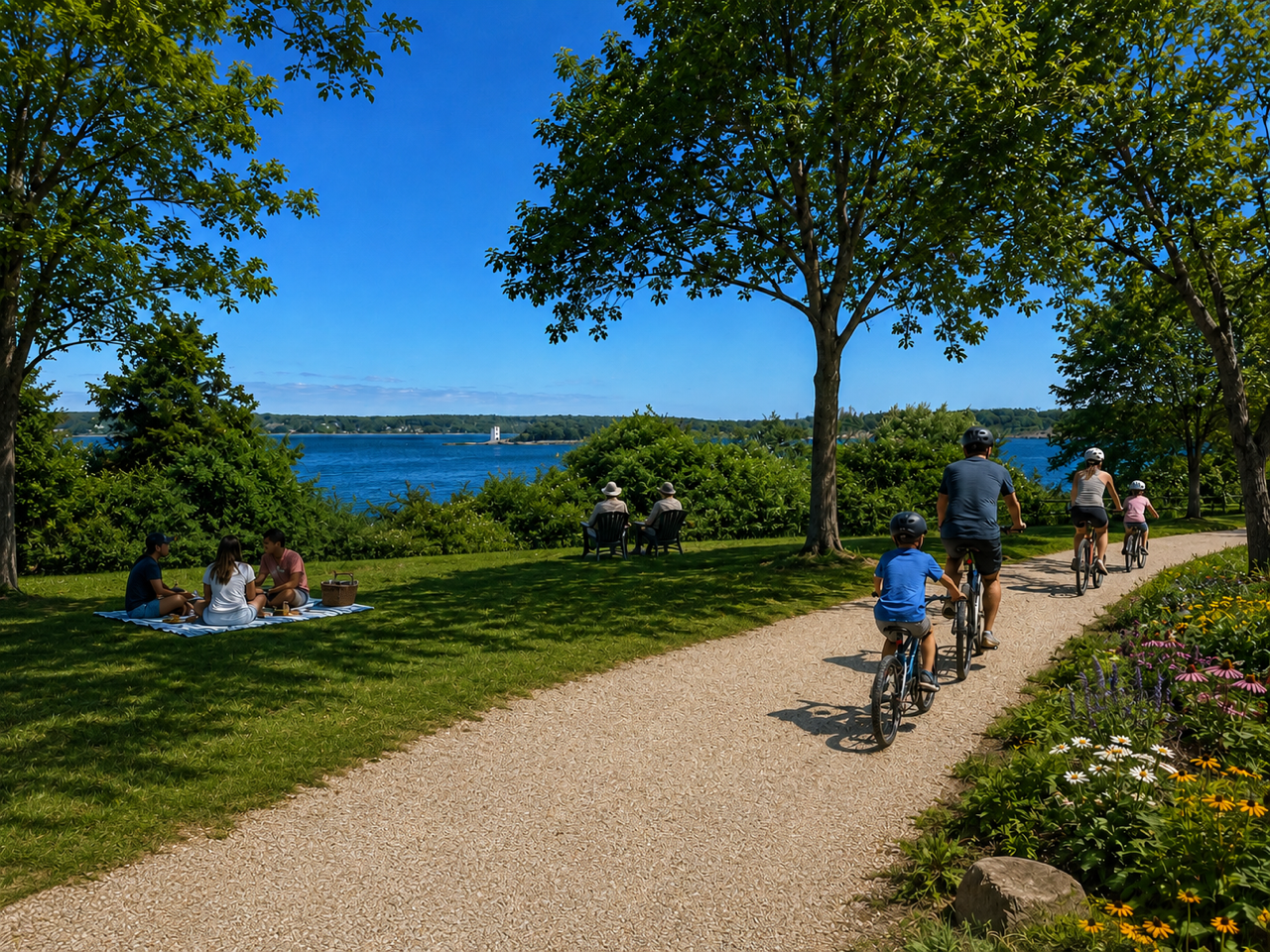 People biking along a scenic park trail near a lake, with trees, flowers, and a picnic area visible.